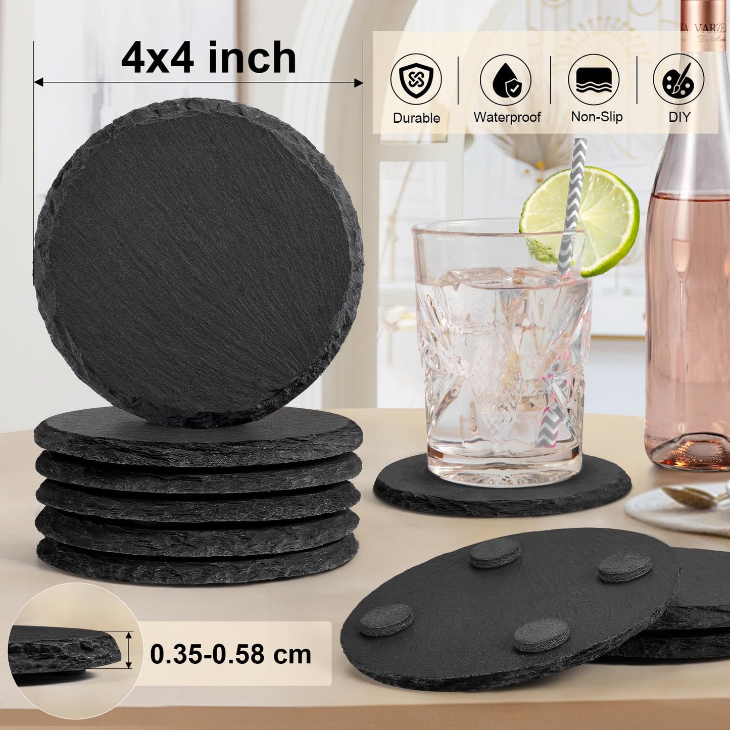 MAPRIAL 36 Pieces Slate Coasters, 4 Inch Round Coasters for Drinks Black Stone Coasters Bulk Rustic Coasters Set with Anti-Scratch Backing for Bar, Housewarming Gifts, DIY, Home Decor, Table, Cup