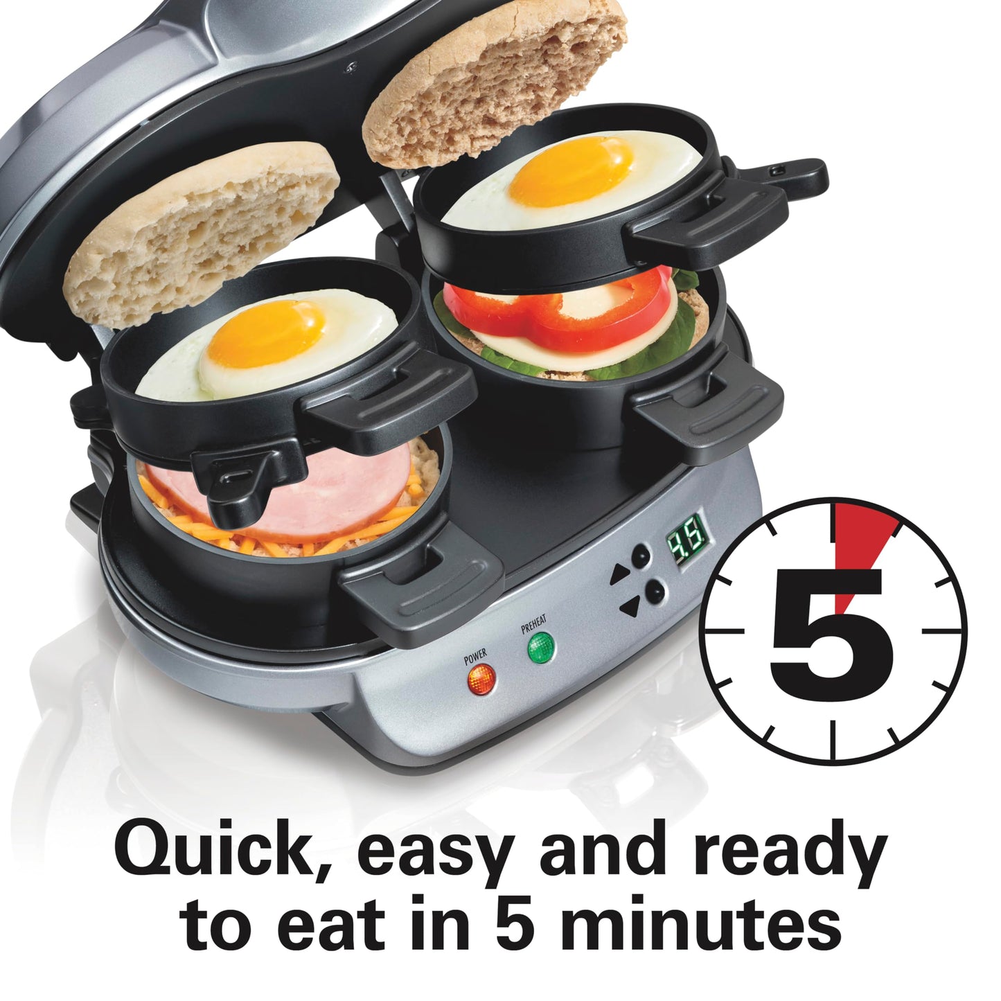 Hamilton Beach Dual Breakfast Sandwich Maker with Timer, Ready in 5 Minutes, Removable Dishwasher Safe PFAS-Free Non-Stick Egg Cooker Ring, Silver (25490C)