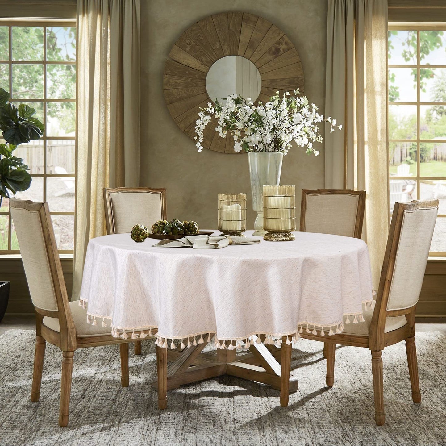 MYSKY HOME Round Tablecloth Nappe Round Table Cover Picnic Round 60 Inch, Faux Linen Boho Table Cloth Waterproof Tablecloths Table Cover for Kitchen Dining Party Holiday Christmas, Beige Tassels
