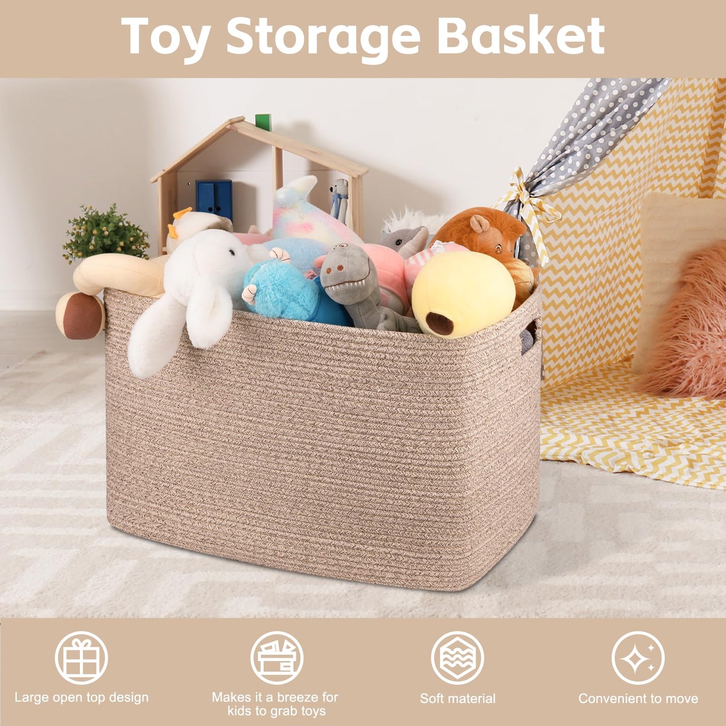 OIAHOMY 118L Cotton Rope Storage Basket, Oversized Blanket Basket, Living Room, Bathroom, Nursery, Bedroom Dirty Clothes Basket, Toy Storage Basket with Handles, 25" x 17" x 16",Brown variegated