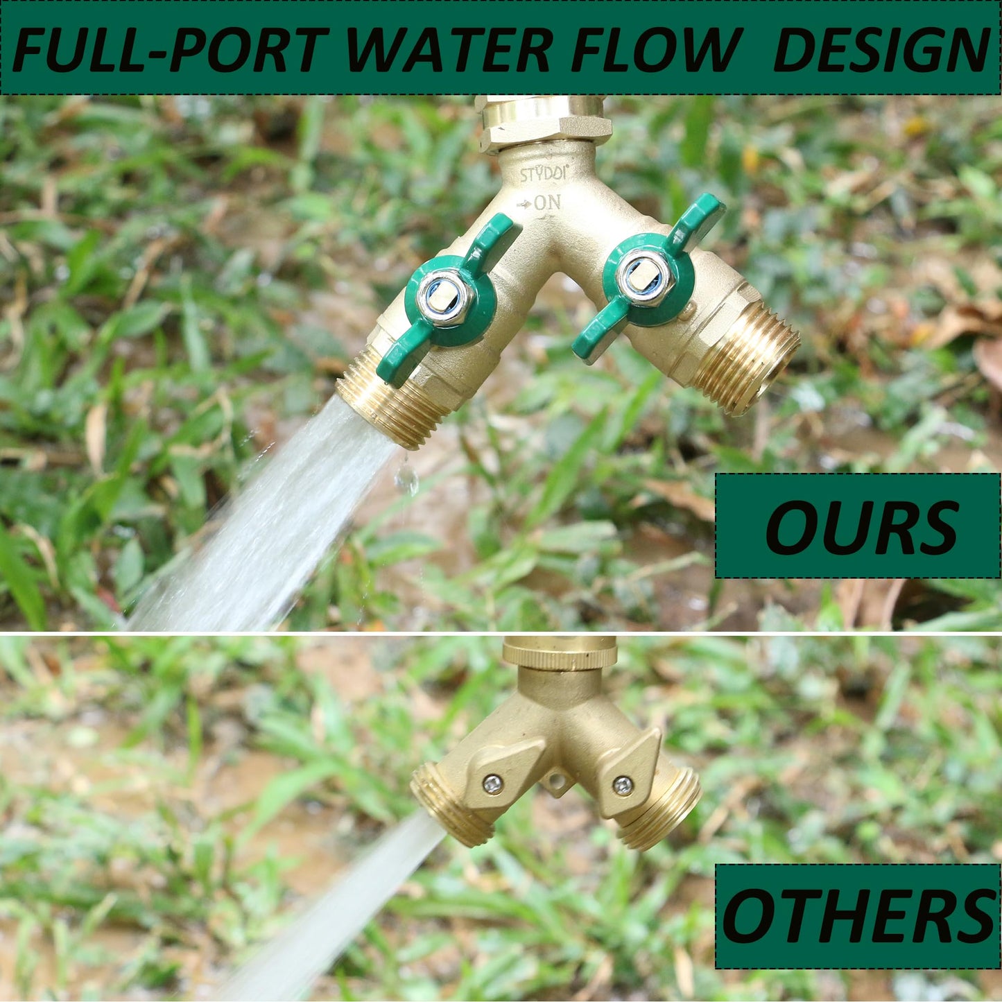 STYDDI Brass Garden Hose Splitter Full Flow, Heavy Duty Hose Splitter 2-Way High Flow, All Metal Hose Y Splitter with Shutoff, Outdoor Faucet Splitter Hose Connector, Water Hose Y Valve Tap Adapter
