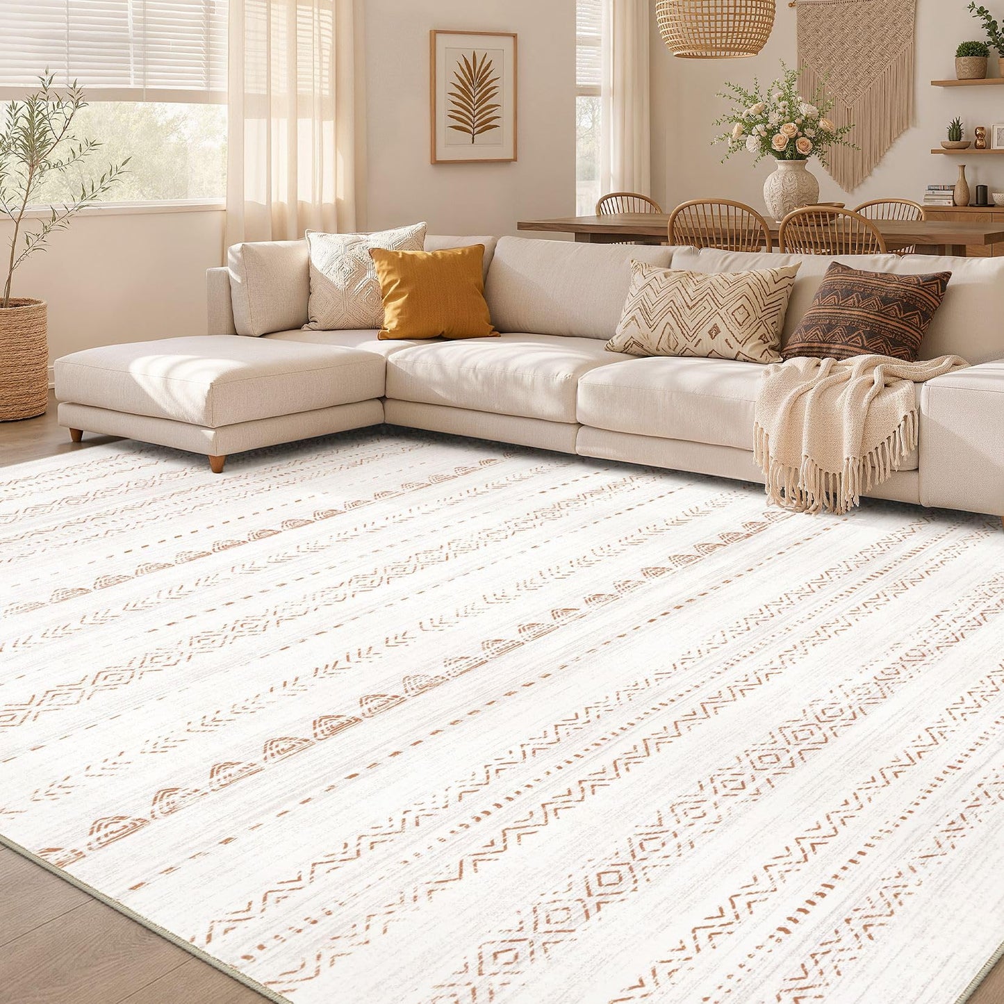 Nakagishi Area Rug Living Room Rugs: 5x7 Washable Boho Large Neutral Farmhouse Soft Moroccan Stain Resistant Indoor Carpet for Bedroom Nursery Kids Playroom Office Dining Room Home House Decor- Brown