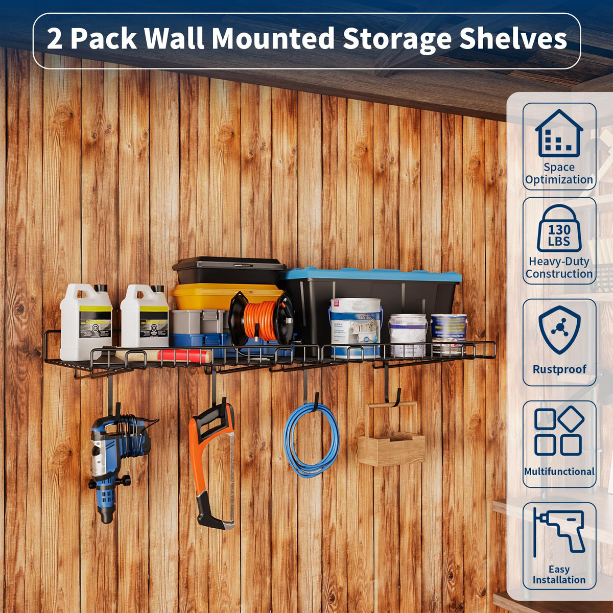 2 Pack Garage Wall Shelf,Wall Mounted Storage Shelves,Heavy Duty Metal Shelves for Room Wall, Loads 130 LBS Floating Shelf Mesh Storage Rack for Garage, Office, Basement, Cabinet and Kitchen