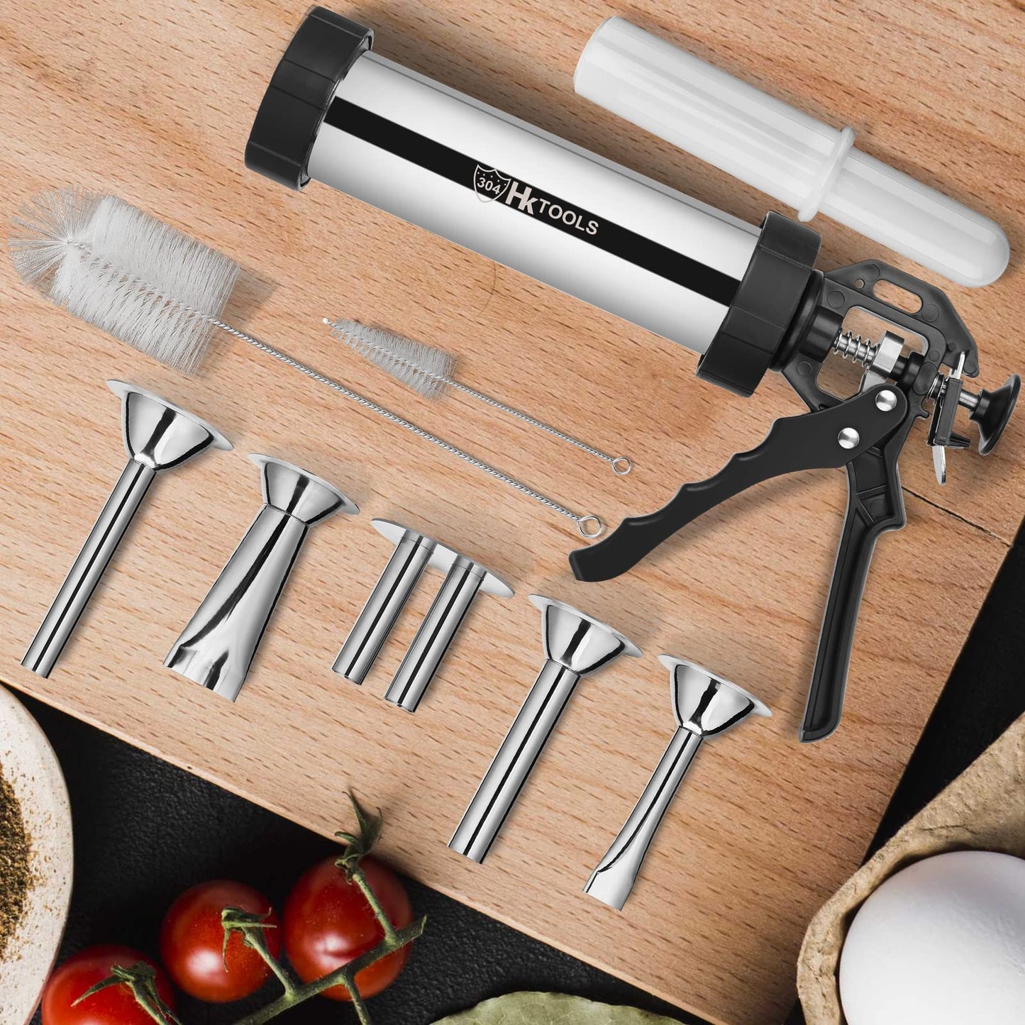 HK Jerky Gun Kits, Jerky Maker Gun, Beef Jerky Gun, 2 Pound Stainless Steel Sausage Jerky Making Gun with 5 Stainless Nozzles, 2 Cleaning Brushes, 1 Stomper, Black