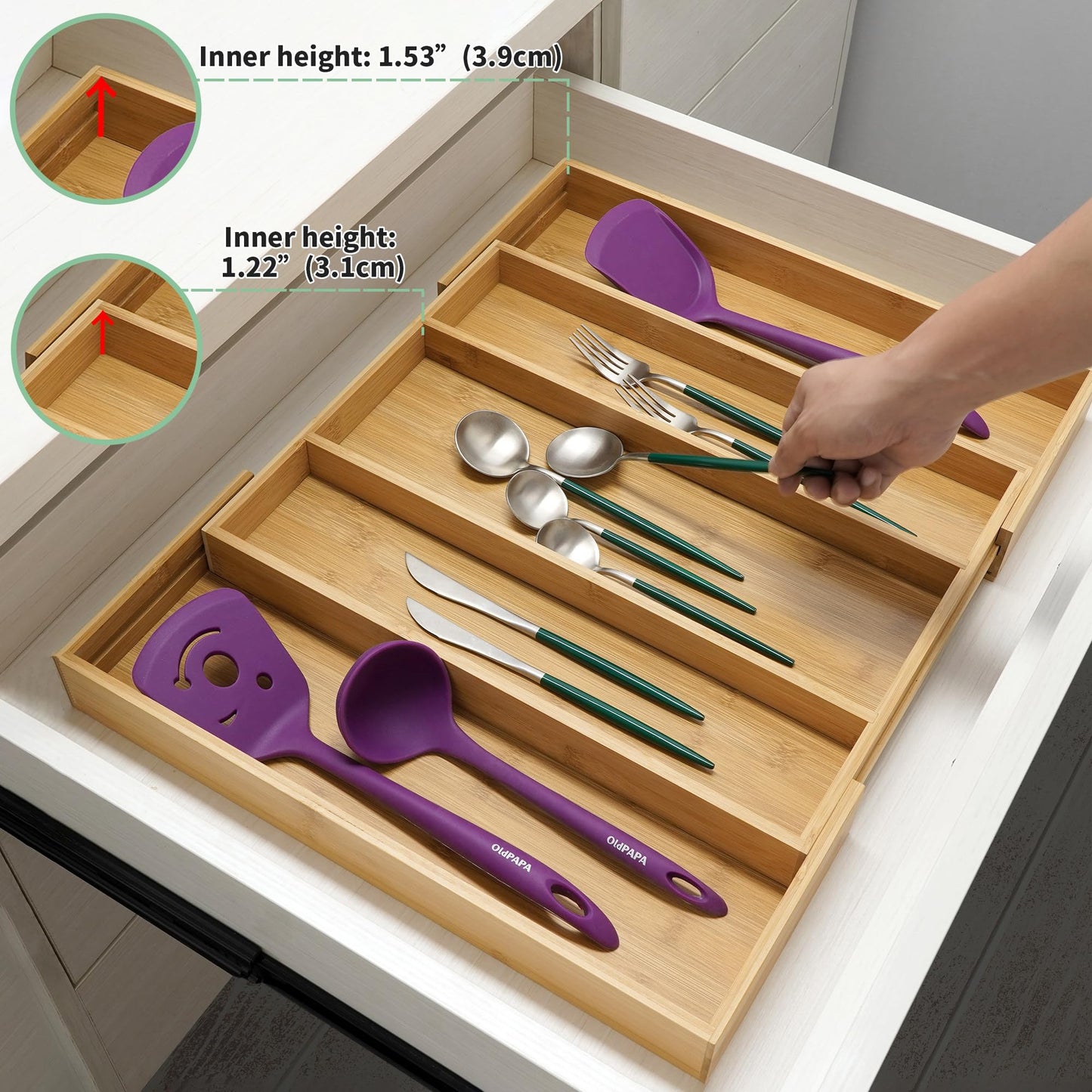 Utoplike Bamboo Expandable Kitchen Drawer Organizer, Adjustable Utensil Holder and Cutlery Tray, Drawer Divider For Silverware, Flatware, Knives In Kitchen, Bedroom, Living Room