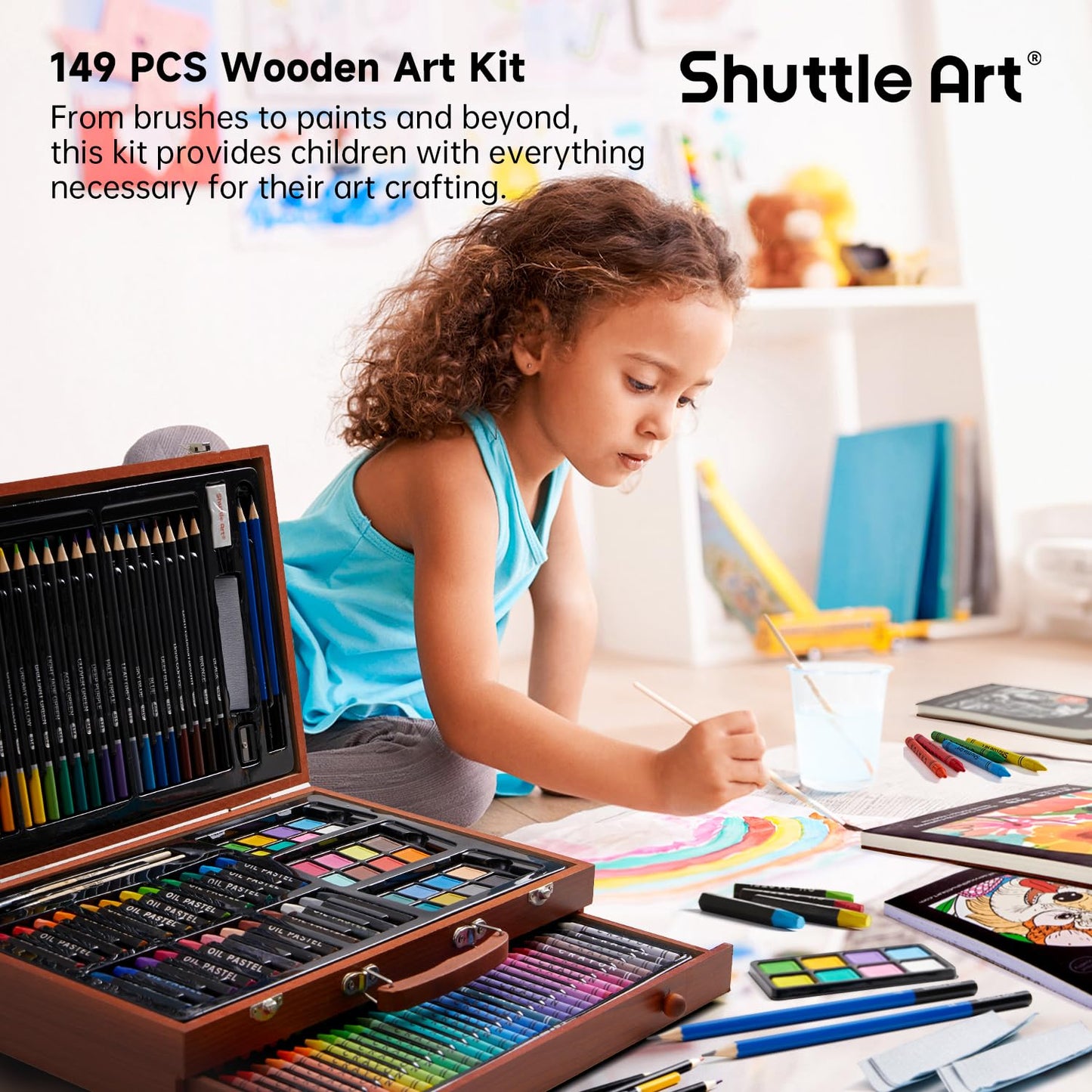 Shuttle Art Deluxe Art Set, 149 Piece Art Supplies in Wooden Case, Painting Drawing Art Kit with Acrylic Paint Pencils Oil Pastels Watercolor Cakes Coloring Book Watercolor Sketch Pad for Kids Adults
