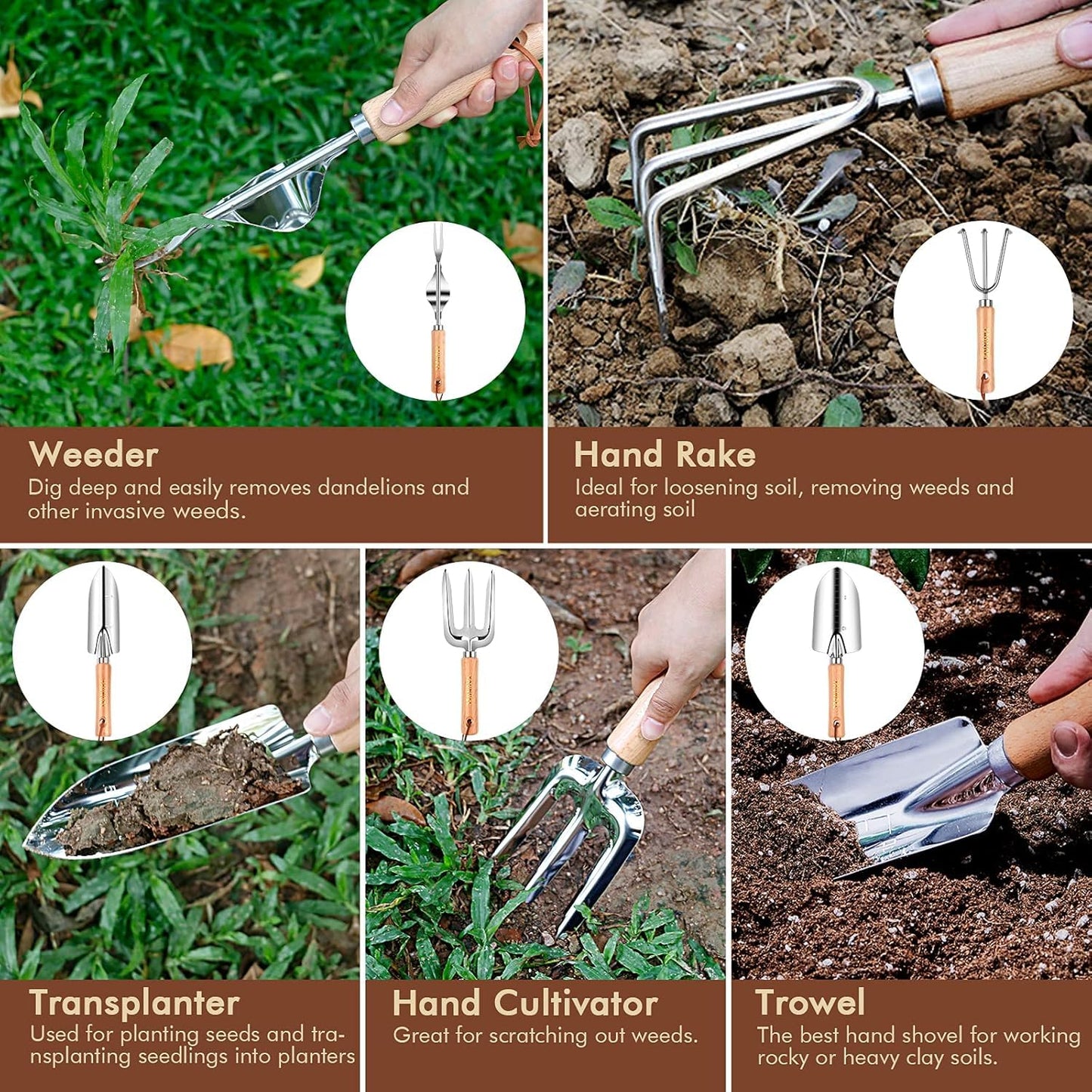 YAUNGEL Garden Tools Set, 10 Piece Heavy Duty Stainless Steel Gardening Tools with Non-Slip Wood Handle, Tote Bag, Gloves, Trowel, Kneel, Weeder Tools - Garden Gifts Packing for Women Men