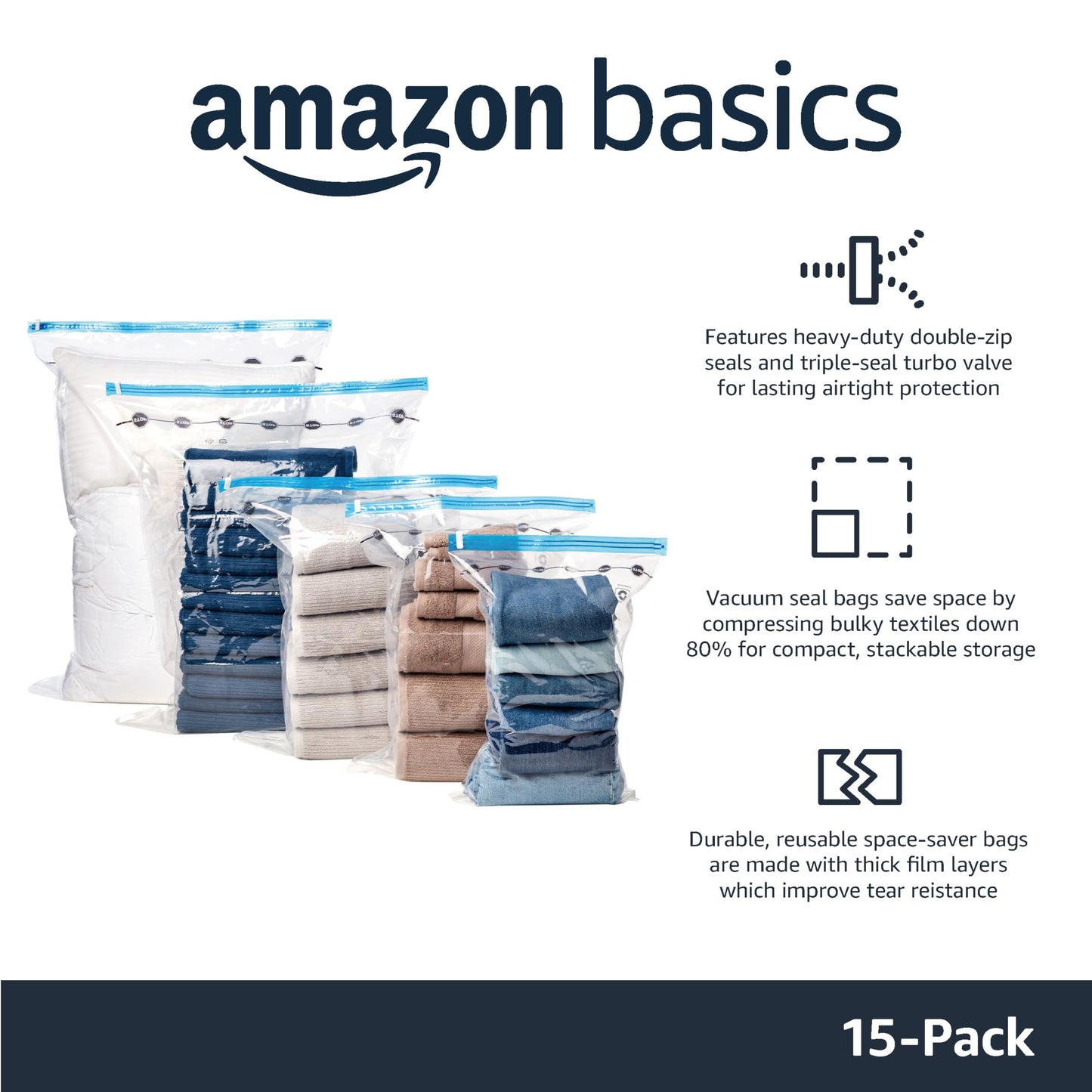 Amazon Basics Vacuum Compression Space Saving Storage Bags with Hand Pump, Multiple Sizes, Pack of 15, White