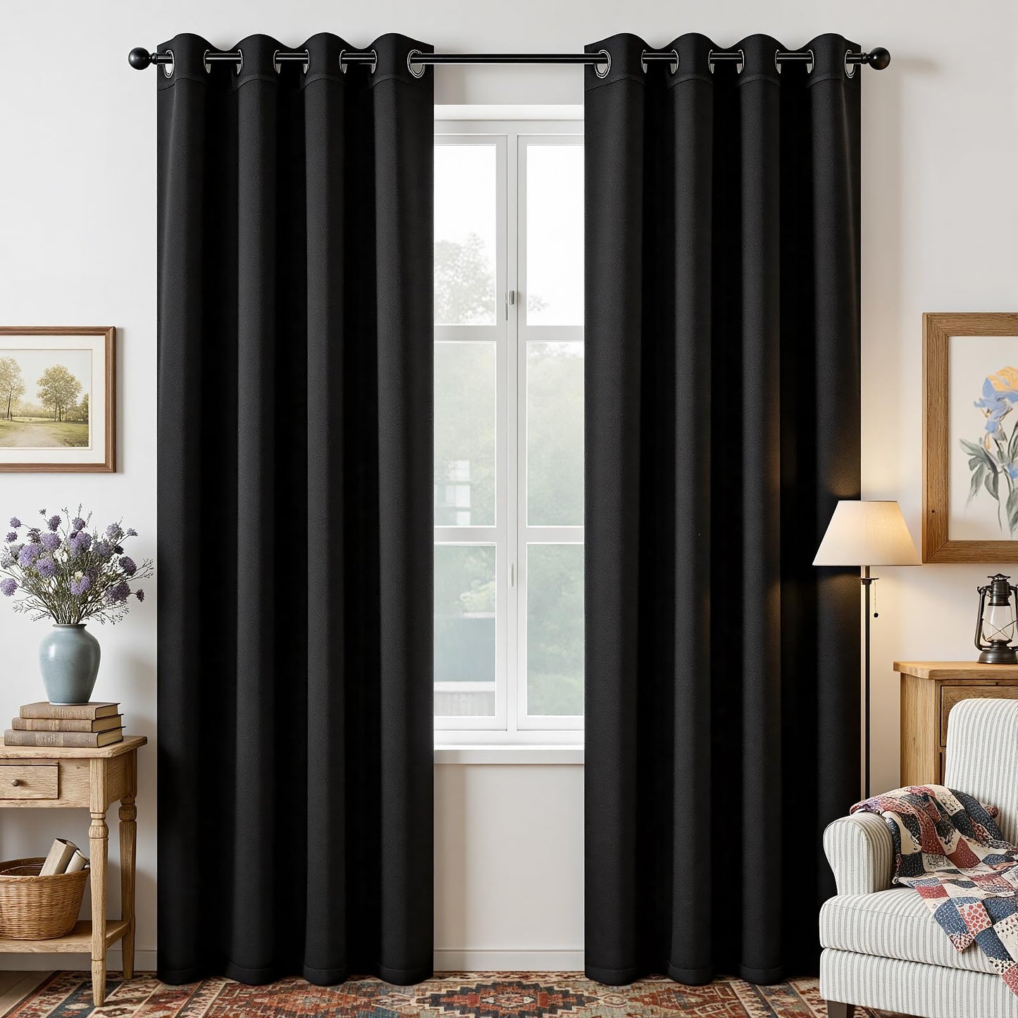 Joydeco Blackout Curtains 84 Inch Length 2 Panels Set, Thermal Insulated Long Curtains& Drapes 2 Burg, Room Darkening Grommet Drapes for Living Room Bedroom Window (W52 x L84 Inch, Black)