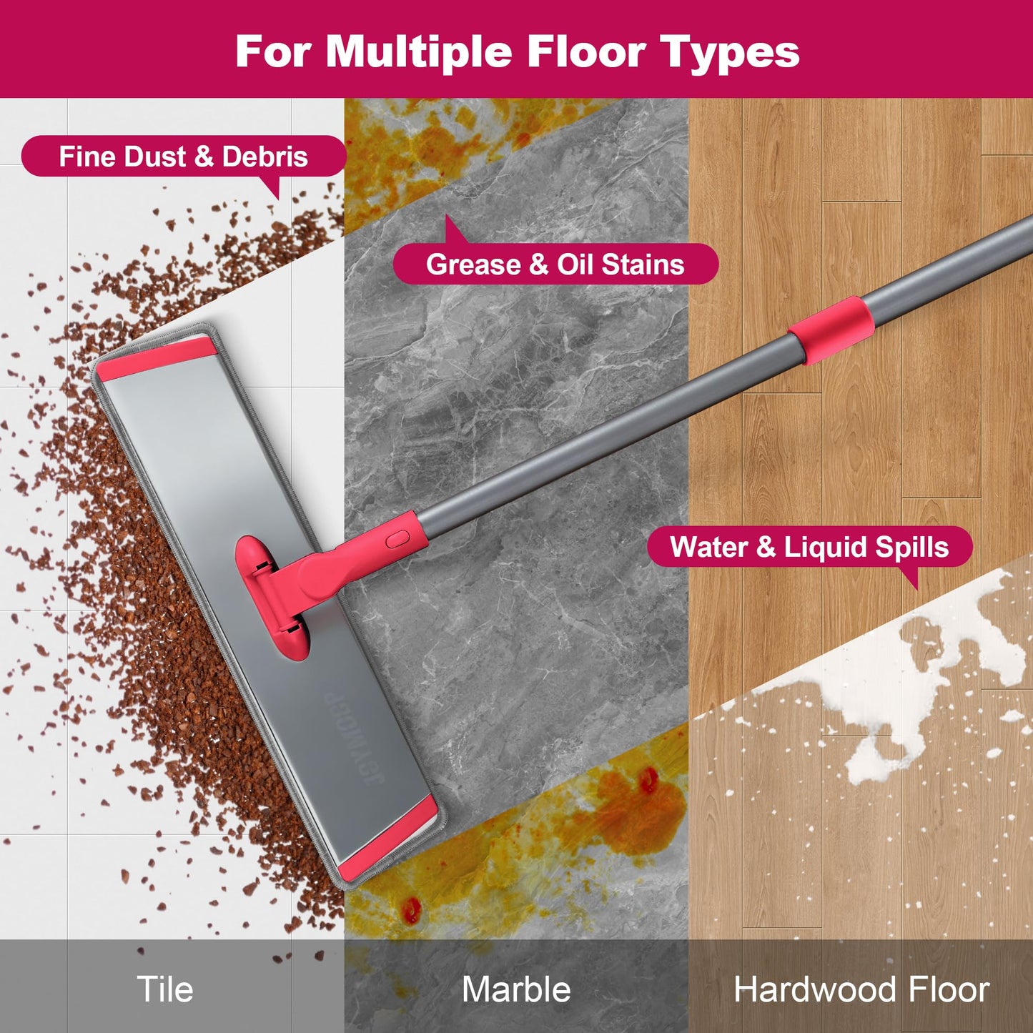 JOYMOOP 18 Inch Dust Mop for Hardwood Floors, Heavy Duty Industrial Wet Dry Mops with Telescopic Handle, Includes 3 Microfiber Mop Pads - Red-Grey