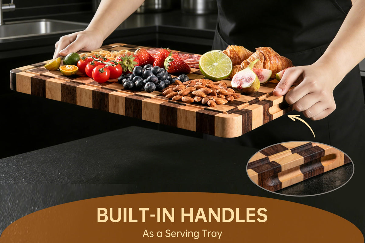 THETCHRY Cutting Boards for Kitchen, Thickened Checkered Cutting Board, Walnut & Acaia Wood Chopping Board with Juice Grooves & Handles, Double-Sided Large Butcher Block, 17" x 12" x 1.2"