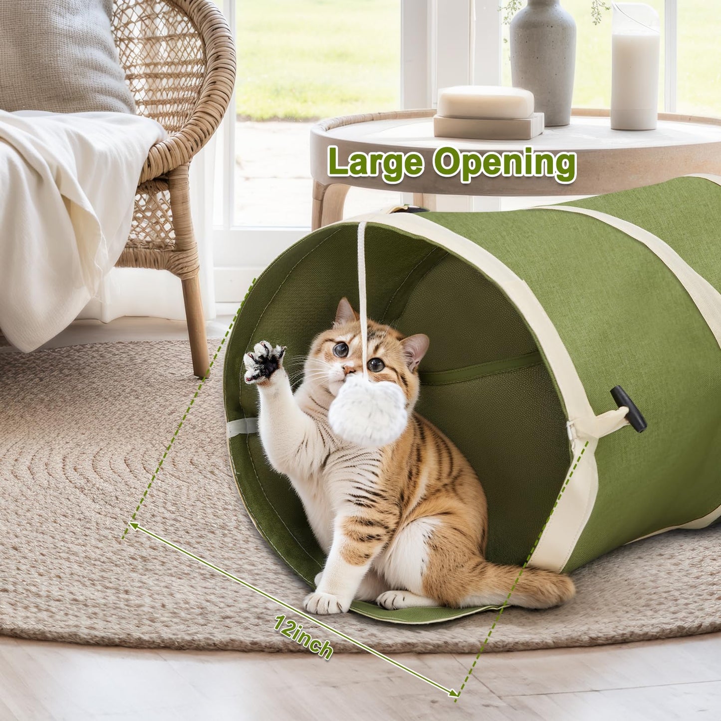 Ownpets Cat Tunnel, Larger Cactus Shape Pet Tunnel with Sturdy Oxford Fabric, Foldable and Resistant to Tearing, Featuring Multiple Exits, Hanging Ball and Teaser Wand,Grey, 11.8” Diameter