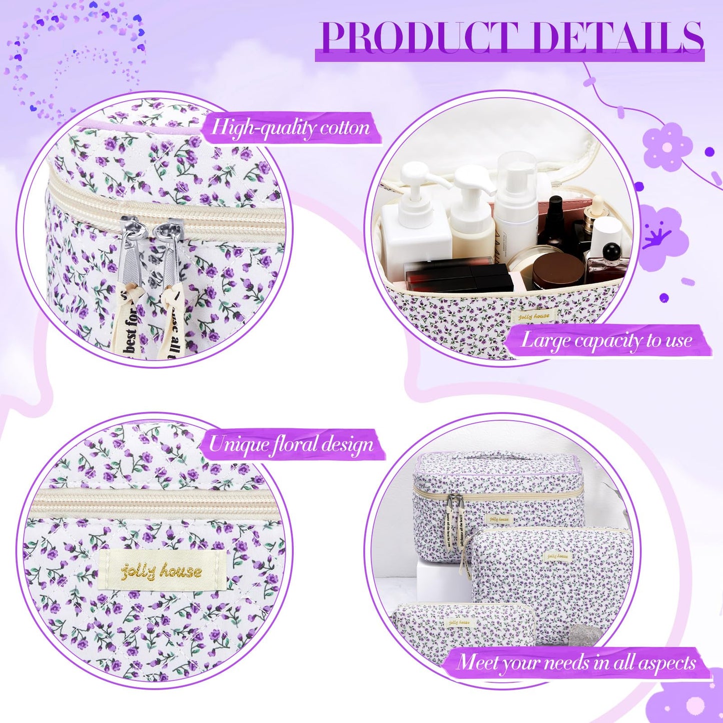 Zeyune 3 Pcs Makeup Bag Quilted Cosmetic Bags Large Floral Makeup Bag Set for Women Cotton Flower Travel Toiletry Storage Cute with Zipper for Women Mom Birthday Gift Home Bathroom(Flower)