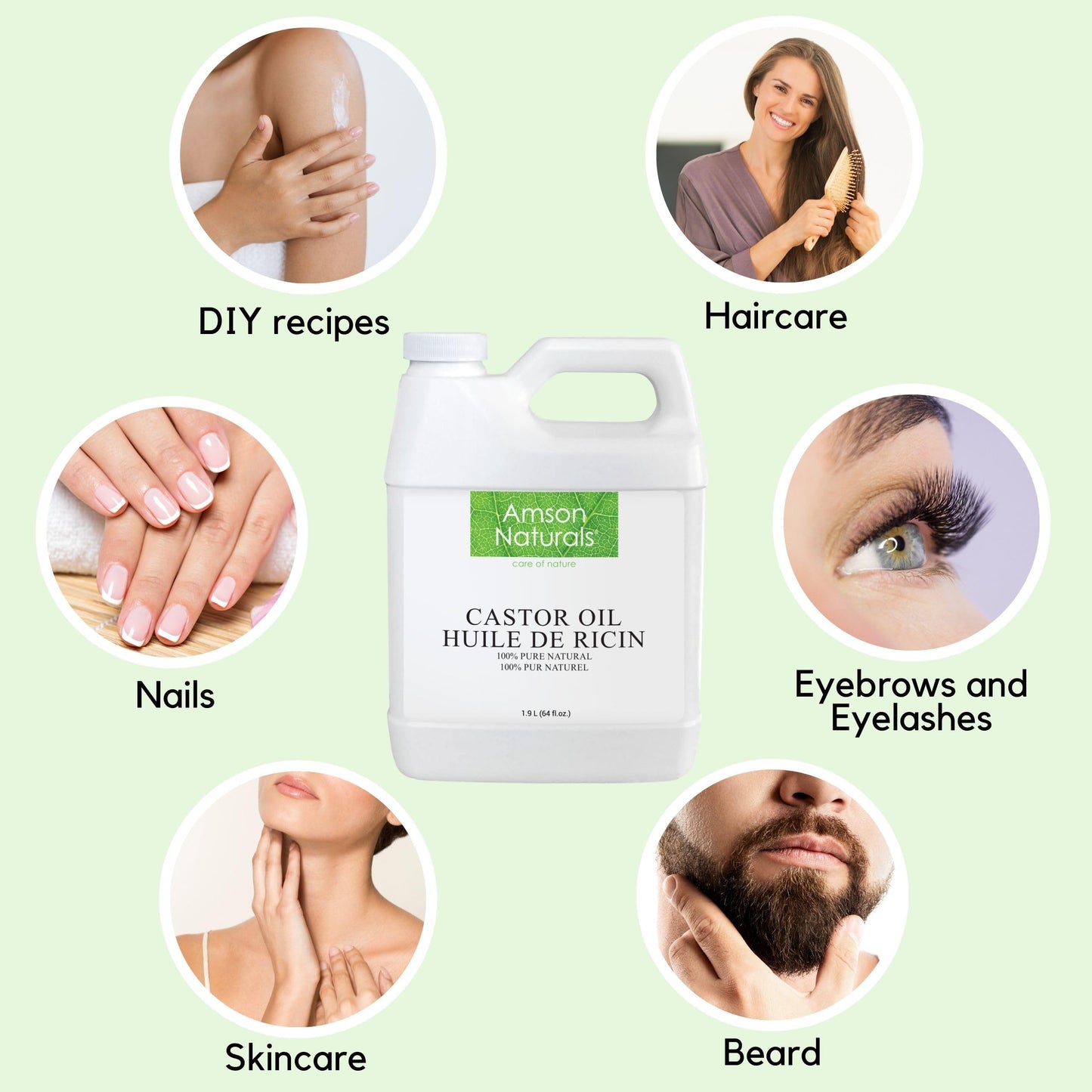 Castor Oil 1900 ml / 64 oz -100% Pure & Natural Castor oil Cold pressed Hexane free for Hair, Eyelashes, Eyebrows, Beard, Skin, Multipurpose carrier oil for essential oils, Huile de ricin pour cheveux Amson Naturals