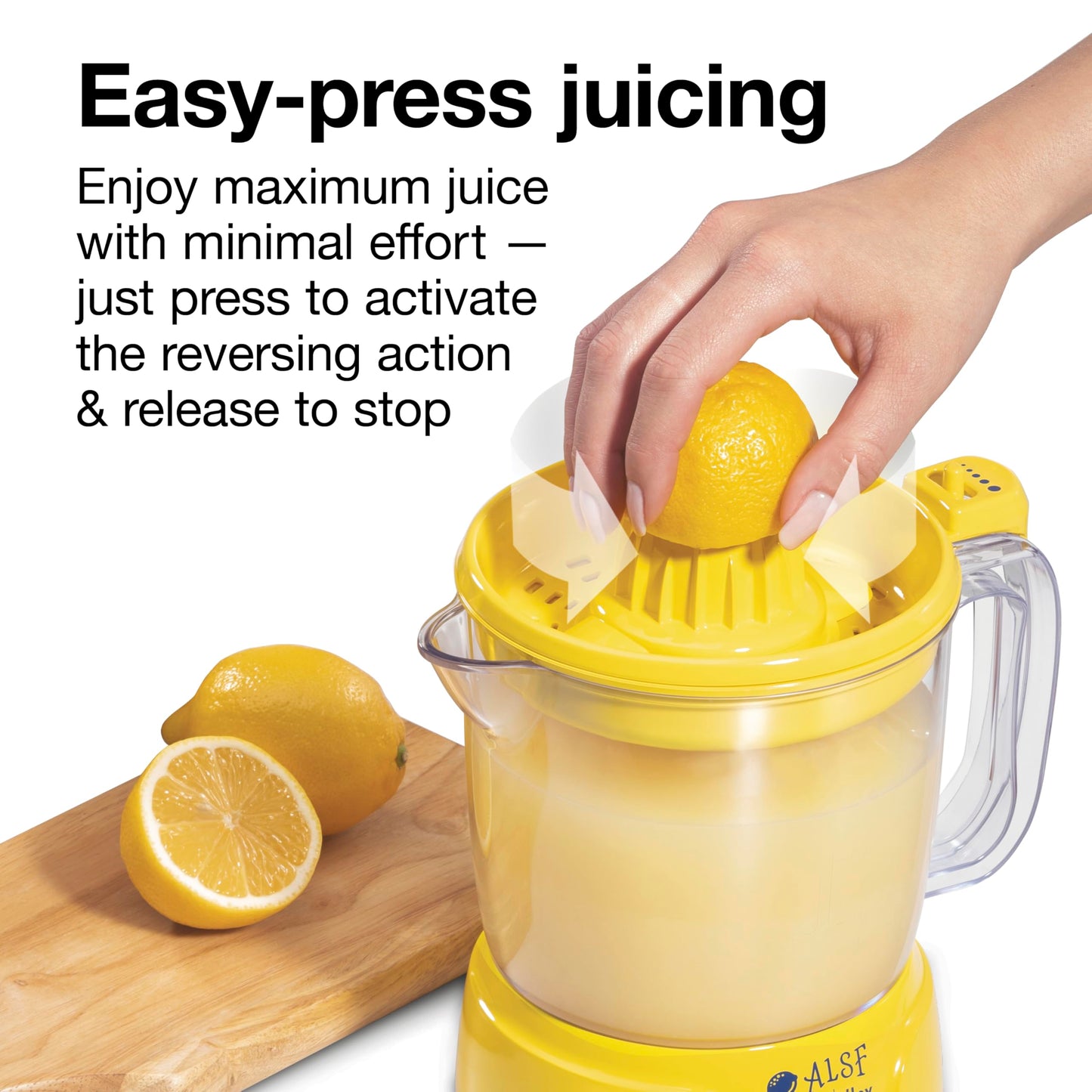 Proctor Silex Alex's Lemonade Stand Electric Citrus Juicer Machine, 34 oz. Pitcher, Pressure Activated, for Lemons, Limes and Oranges, With Reamers, pulp strainer& Lid, 30 Watts, Yellow (66341)