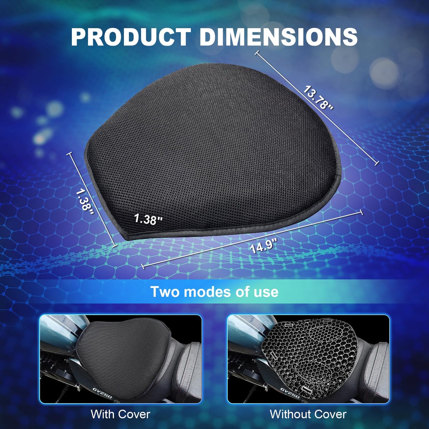 Motorcycle 3D Honeycomb Shock-Absorbing seat Cushion & Cushion Cover, Hollow and Breathable, Hel Material is Compressive, Non-Breaking, Non-Hardening, Soft and Comfortable