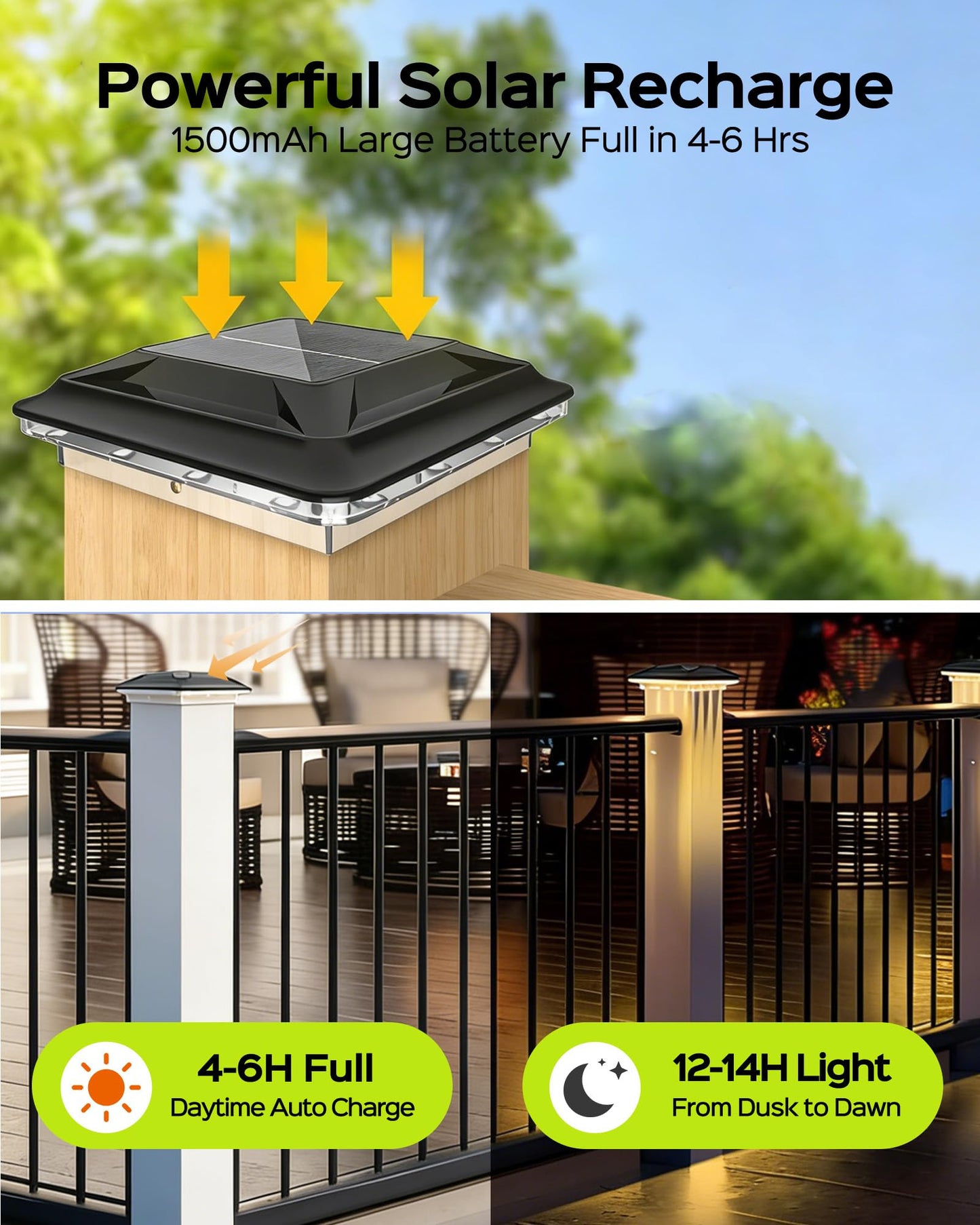 FIONSUN Fence Post Solar Lights, Post Lights Outdoor, Waterproof Deck Lighting Solar Powered Caps for Deck Patio Balcony Garden Porch Decor Fits for 3.5x3.5 4x4 Wooden Posts, Black (4 Pack)