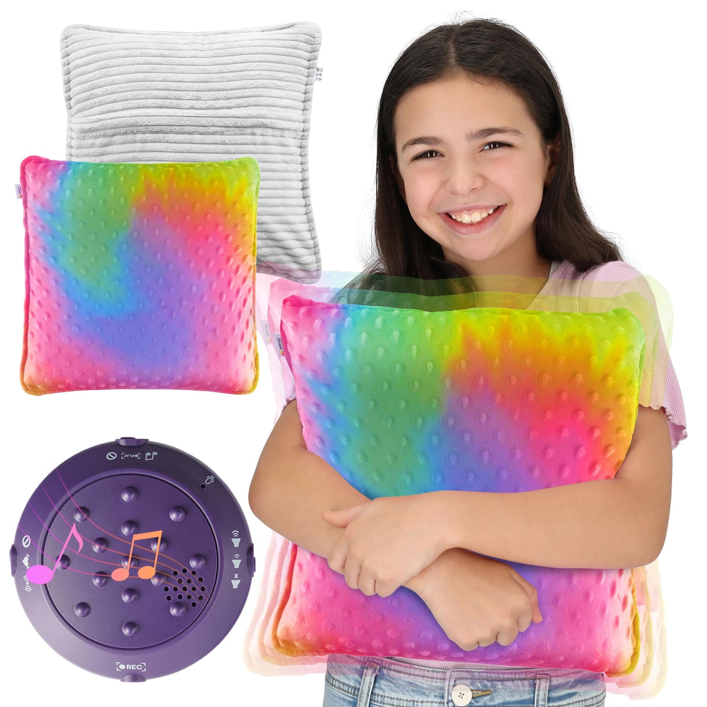 Special Supplies Vibrating Pillow Sensory Pressure Activated for Kids and Adults, 12” x 12” Plush Minky Soft Cover, Colorful - Hug to Vibrate