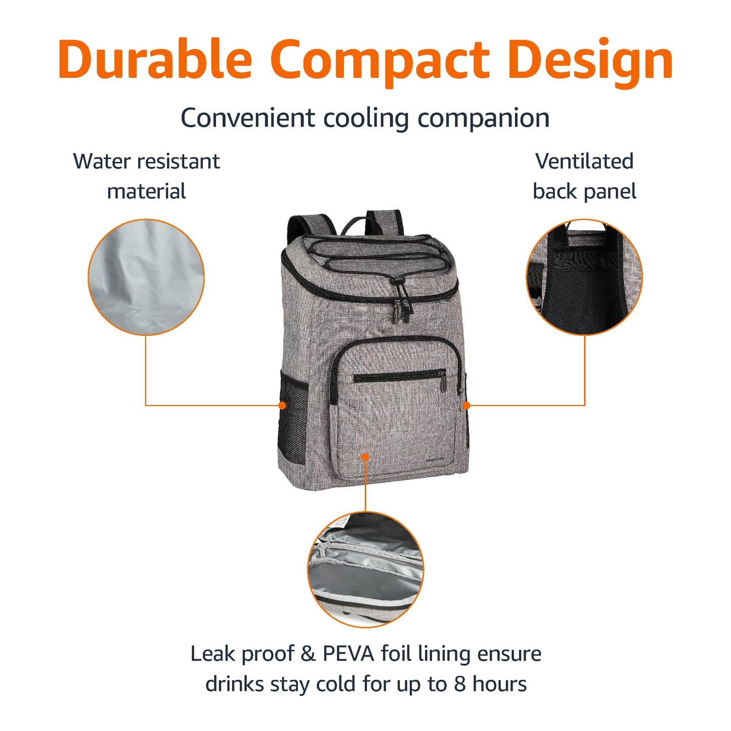 Amazon Basics Insulated Cooler Backpack, Leak-Proof, 30 Can Capacity, Portable Soft Sided Cooler, Keeps Cold for Hours, Gray