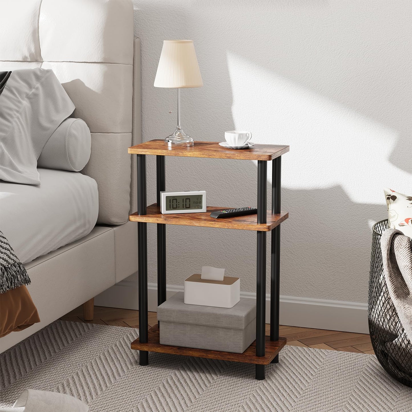 Apicizon Small Narrow Side Table, 3-Tier Skinny End Table for Small Spaces, Slim Nightstand with Storage Shelf, Bedside Table for Living Room, Bedroom, Rustic Brown and Black