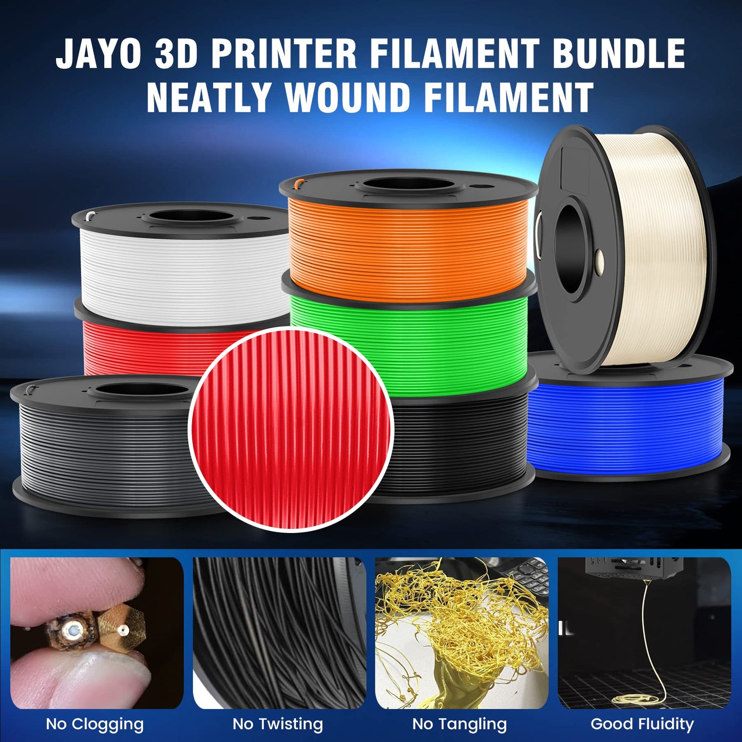 3D Printer Filament Bundle Multicolor, JAYO PLA Filament 1.75mm, Neatly Wound Filament 2kg, 250g Spool, 8 Pack, Black+White+Grey+Transparent+Blue+Red+Orange+Green