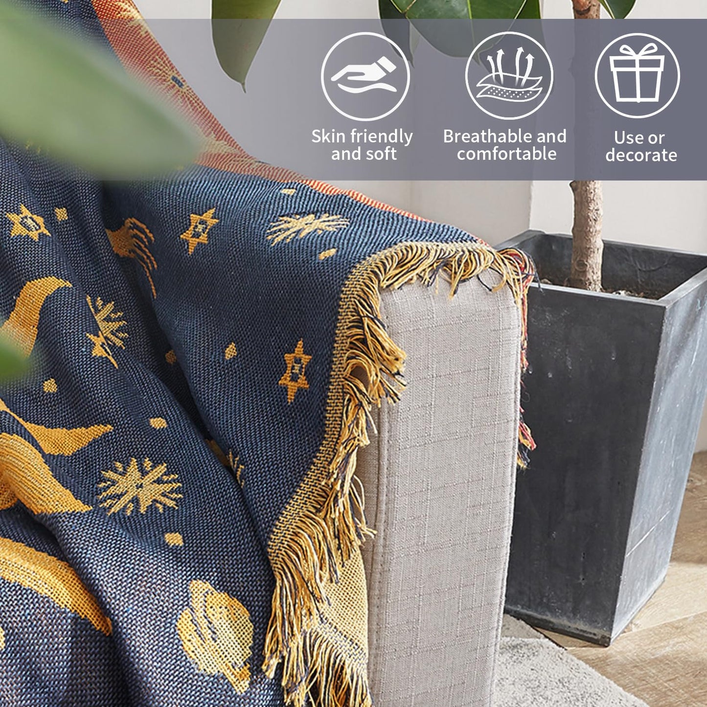 Boho Throw Blanket | Double-Sided Cotton Boho Blanket | Tasseled, Celestial Tapestry | Ideal for Western Decor, Sofa, Bed, Travel | Yellow/Blue, 71"x51"