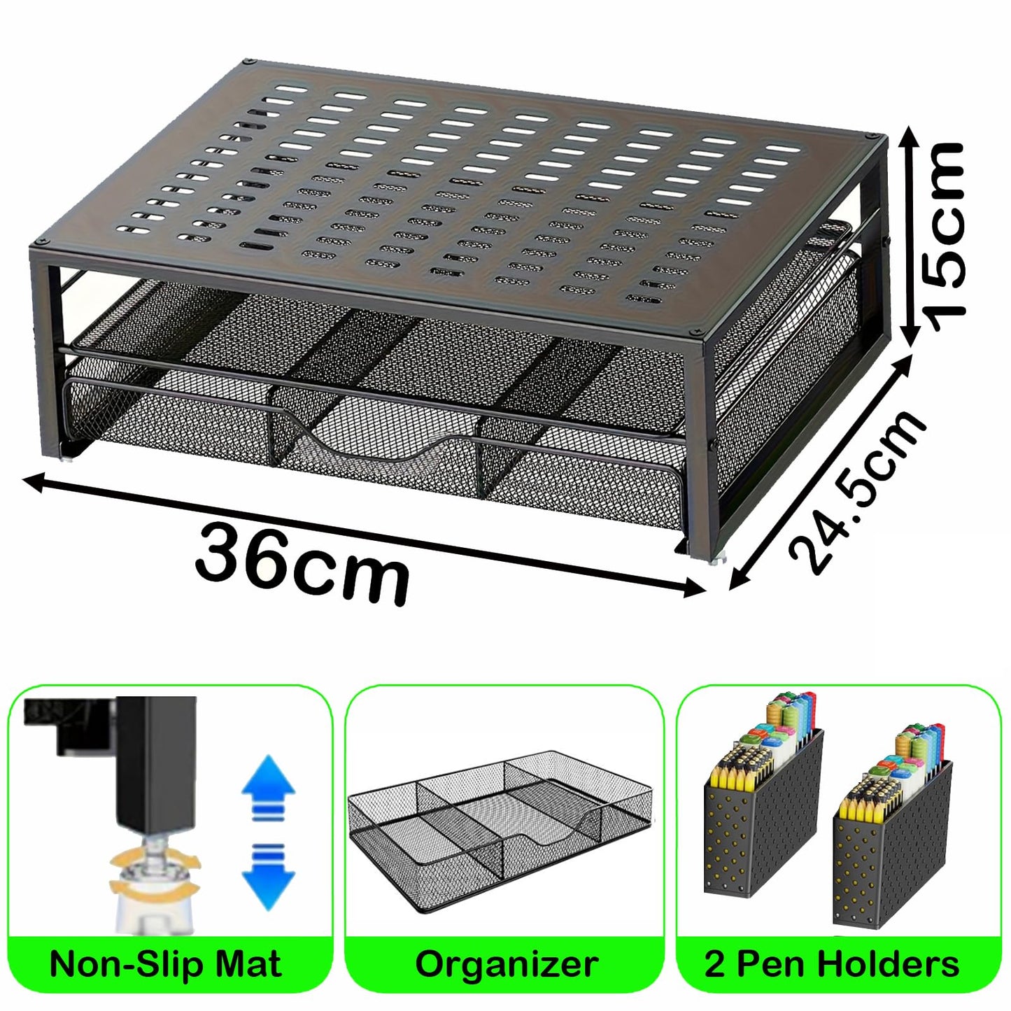 Computer Monitor Stand Riser, 2-Tier Metal Desk Organizer with Drawer & 2 Pen Holders Storage for Desktop, Laptop Stand, Office Desk Accessories for Home Office Supplies (Black 2)