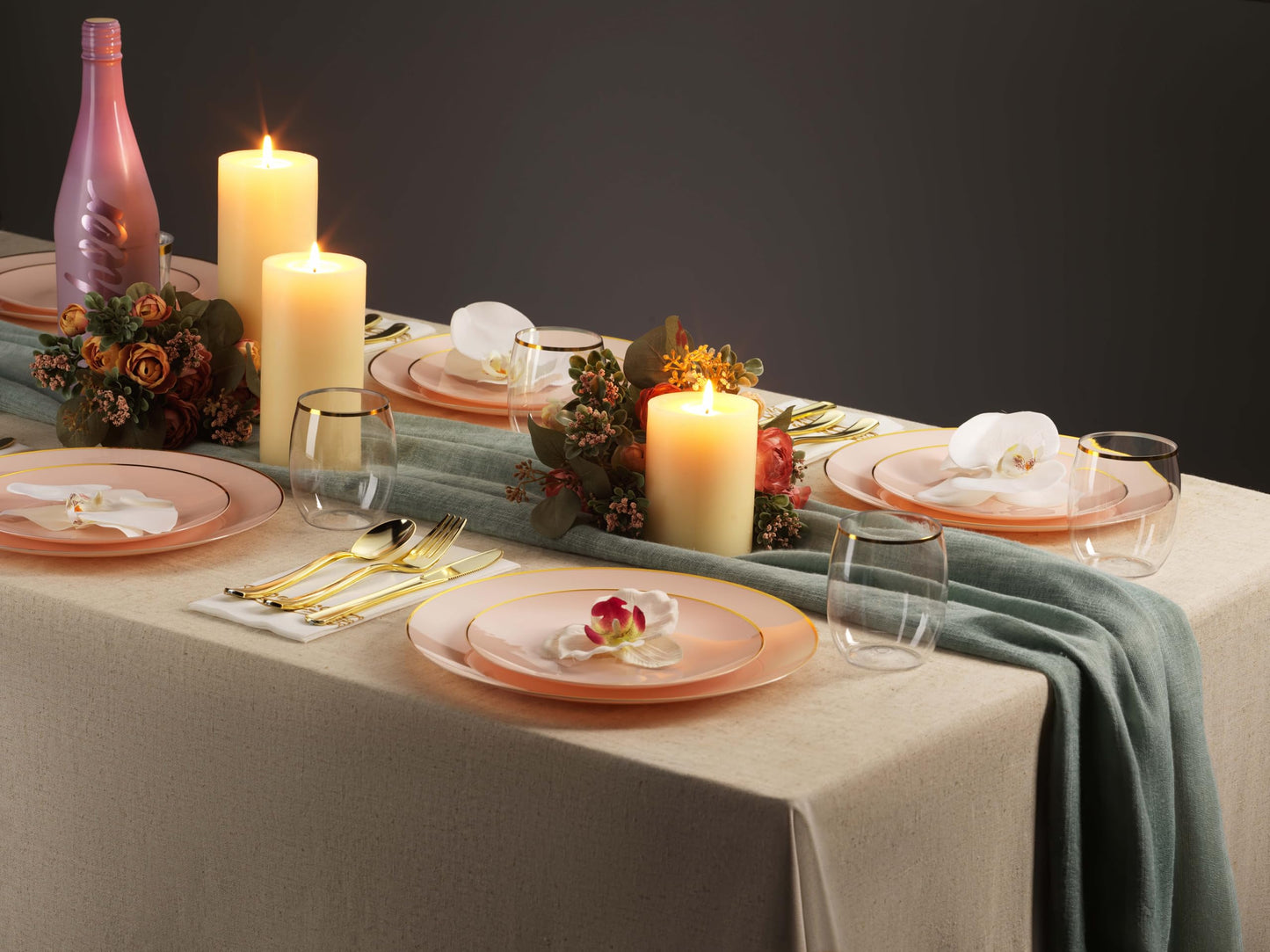 Munfix 100 Pink Gold Plastic Plates Set, 50 Pcs 10.25 Inch Disposable Dinner and 50 Pcs 7.5 Inch Plastic Dessert Plates, Elegant Fancy Heavy Duty for Party, Wedding, Pink with Gold Rim