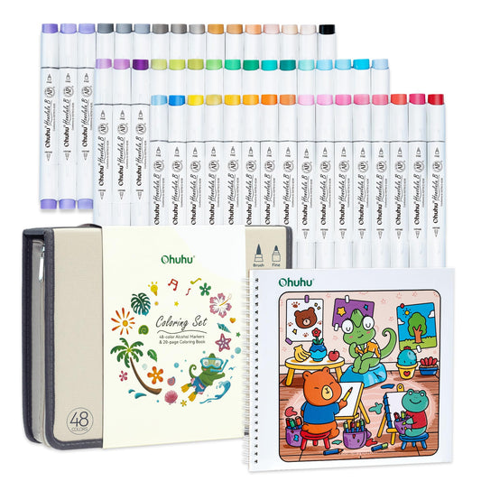 Ohuhu Honolulu B 48 Colors Alcohol Markers with Coloring Book, AP Certified Brush & Fine Dual Tip Refillable Art Markers for Adult Coloring, Illustration, Stress Relieving Gift for Artists