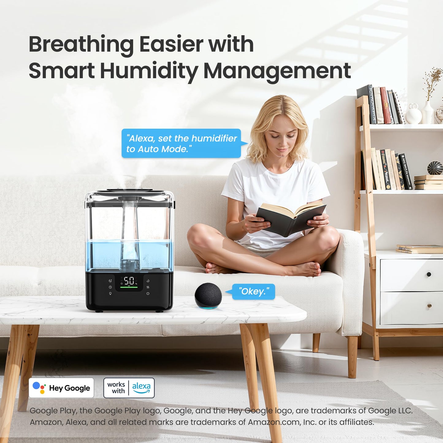 MERONTE 6L Smart Humidifiers for Bedroom Home, 360° Adjustable Nozzle, Timer, Auto Shut Off, Touch/APP/Voice Control, 7-Color Night Light, Top Fill Essential Oil Diffuser for Baby & Plant, Black 1Pack