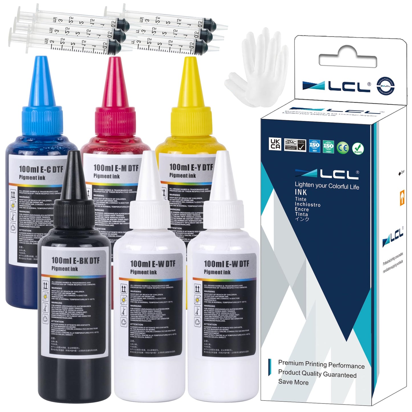 LCL Premium DTF Ink 600ML DTF Transfer Ink for PET Film, Refill for DTF Printers ET-8550, XP-15000, L1800, L805, R1390, R2400, Heat Transfer Printing Direct to Film (100ml x 6, CMYK 2Wh)