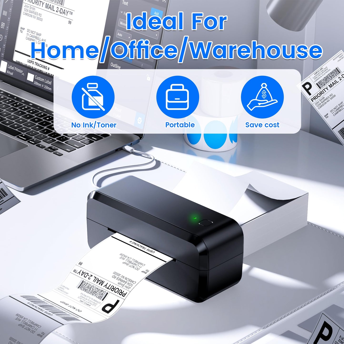 Bluetooth Thermal Shipping Label Printer, Wireless 4x6 Label Printer for Shipping Packages & Small Business, Compatible with Android, iOS, Windows and Mac, Widely Used for Ebay, Amazon, Shopify, Etsy