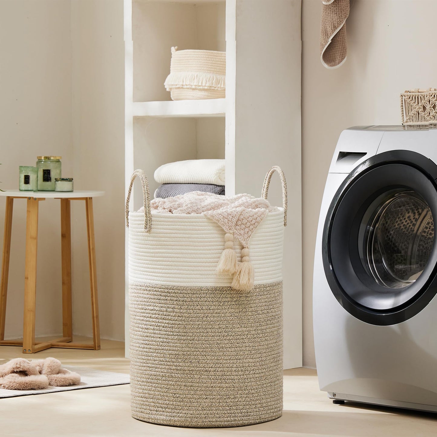 Cotton Rope Laundry Basket by YOUDENOVA, 72L Woven Collapsible Laundry Hamper, Clothes Hamper with Reinforced Handles in the Laundry Room, Bedroom, Bathroom, Brown