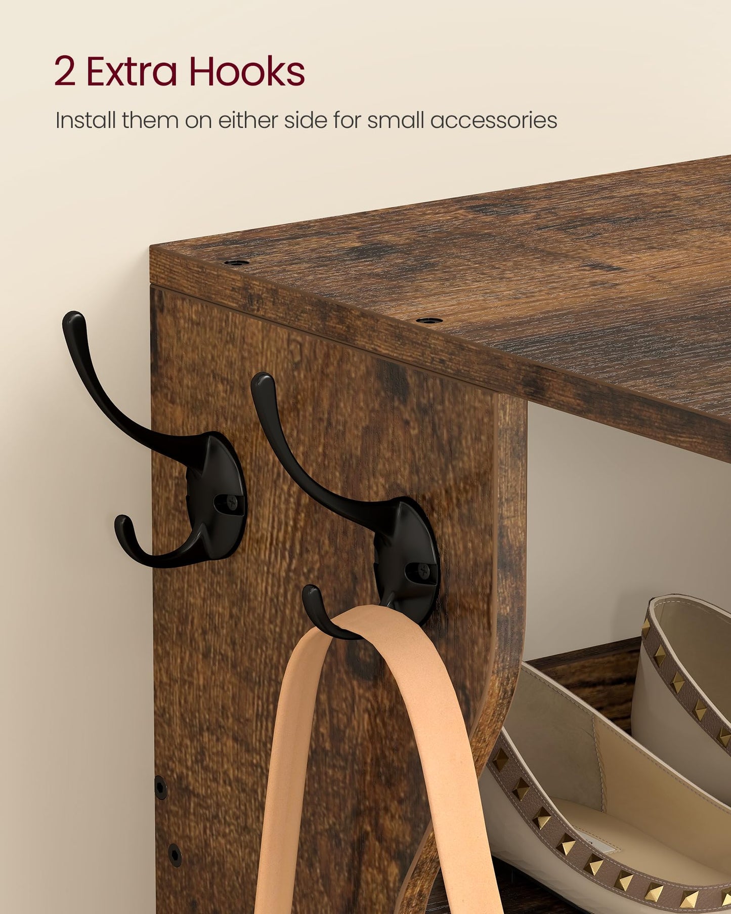 VASAGLE 7-Tier Vertical Shoe Rack, Narrow Shoe Storage Organizer with Hooks, Slim Corner Tower Shelf, Space-Saving for Entryway and Bedroom, Rustic Brown ULBS200KD01