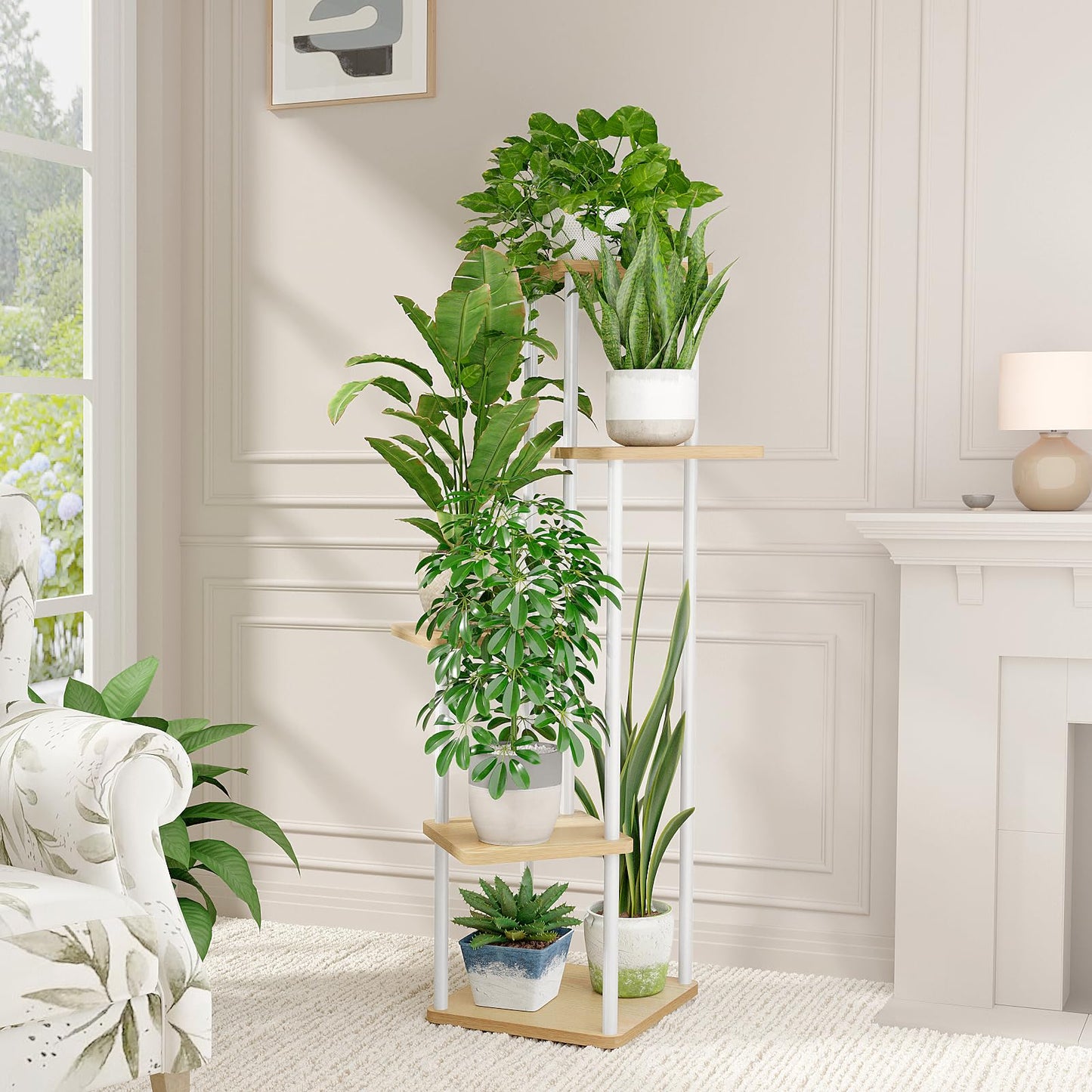 Bamworld Corner Plant Stand Indoor, Tall Metal Plant Shelf for Multiple Plants, 5 Tier Flower Stand for Patio Garden Balcony Living Room Bedroom(White)