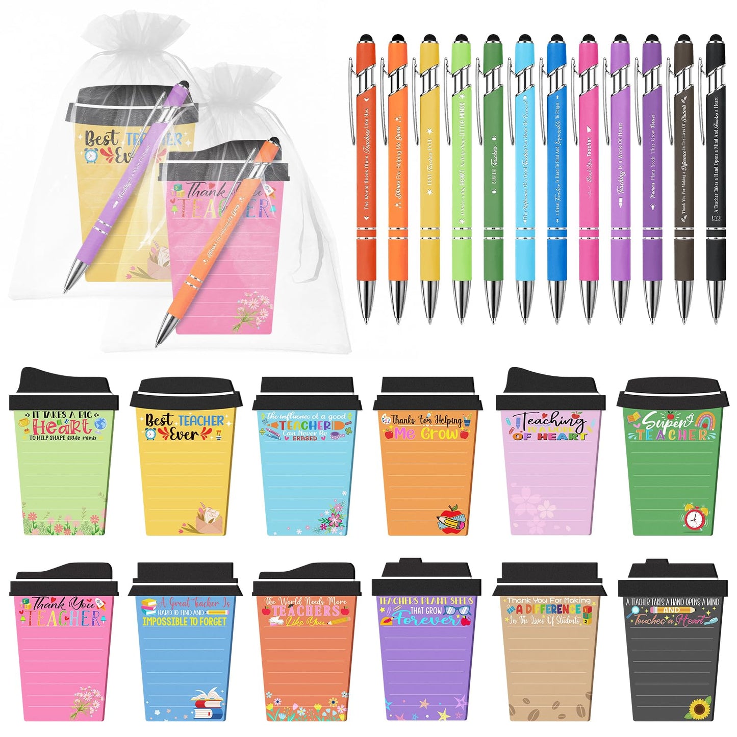 72 Pcs Teacher Appreciation Gifts Bulk Include 24 Coffee Cup Notepads Sticky Notes+ 24 Ballpoint Pens + 24 Drawstring Gift Bags, Best Teachers Gift Thank You Gift for Teachers Office Staff