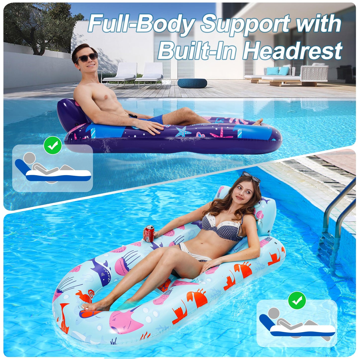 PuppyuWill 2 Pack Pool Floaties for Adults,Inflatable Pool Lounger Float Heavy Duty with Cup Holder, Backrest & Footrest Pool Lounge Float Extra Large Pool Rafts for Adults Beach Lake Party