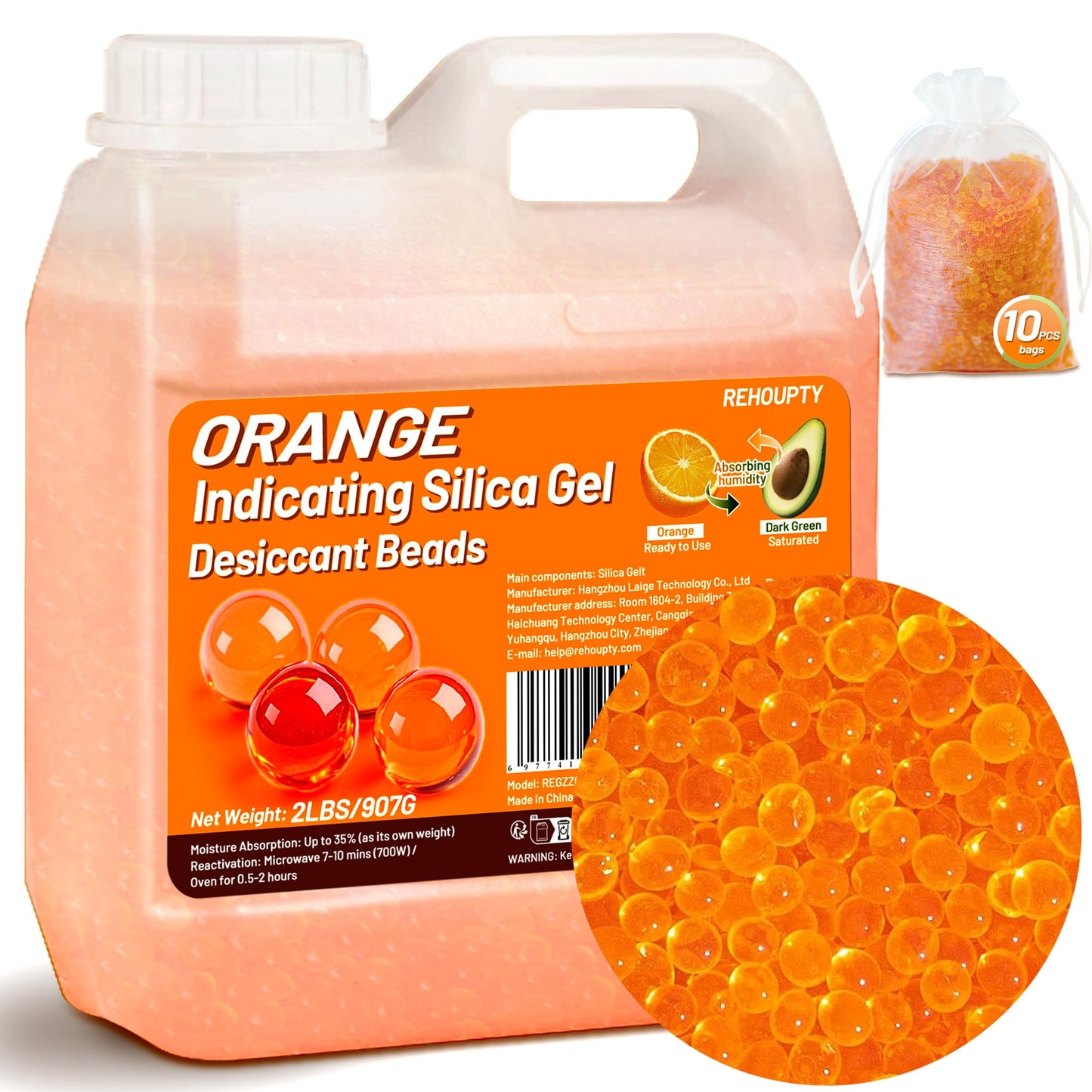 REHOUPTY Orange Silica Desiccant Beads 2LBS, Reusable Indicating Silica Gel Beads, 3-5mm Desiccant Dehumidifier Beads for 3D Filament, Electronic Devices, Camera, Jewelry (10 Organza Bags Included)