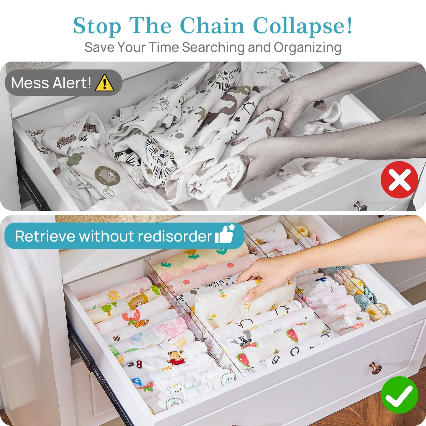 Vtopmart 8 Pack Drawer Dividers for Clothes, Adjustable 4" High Expandable from 10.2"-16.5" Dresser Drawer Organizer, Clear Plastic Dresser Organizer for Baby Clothes, Underwear, Socks