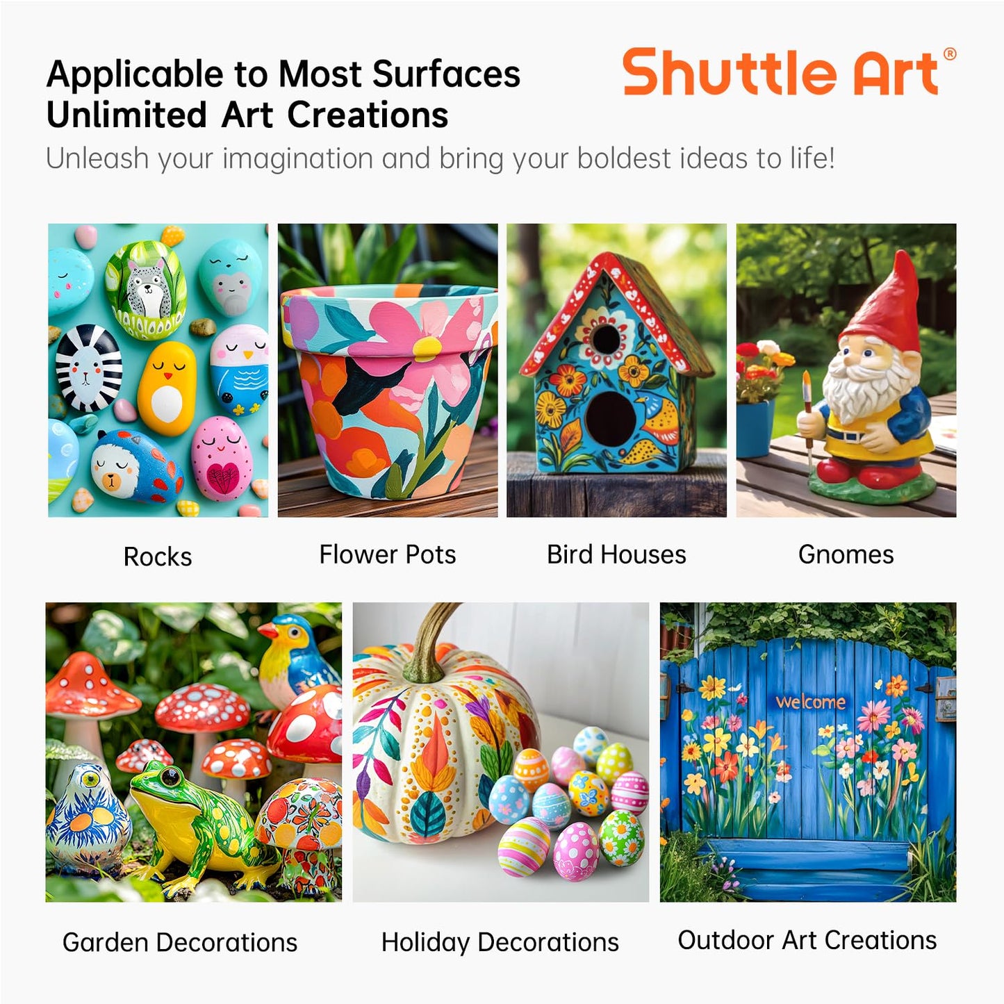 Shuttle Art Outdoor Acrylic Paint Set, 12 Colors Waterproof Paint, 8.45oz/250ml Large Bottles, Rich Pigmented Bulk Painting Supplies for Artists, Beginners on Rocks, Wood, Wall and Garden Statues