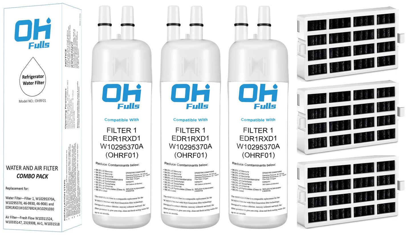 Fresh Flow Air Filter Replacement for W10311524, W10335147, 2319308, Air1, and Refrigerator Water Filter 1 Compatible with W10295370A, W10295370, 46-9930, EDR1RXD1, 3+3 Combo Pack