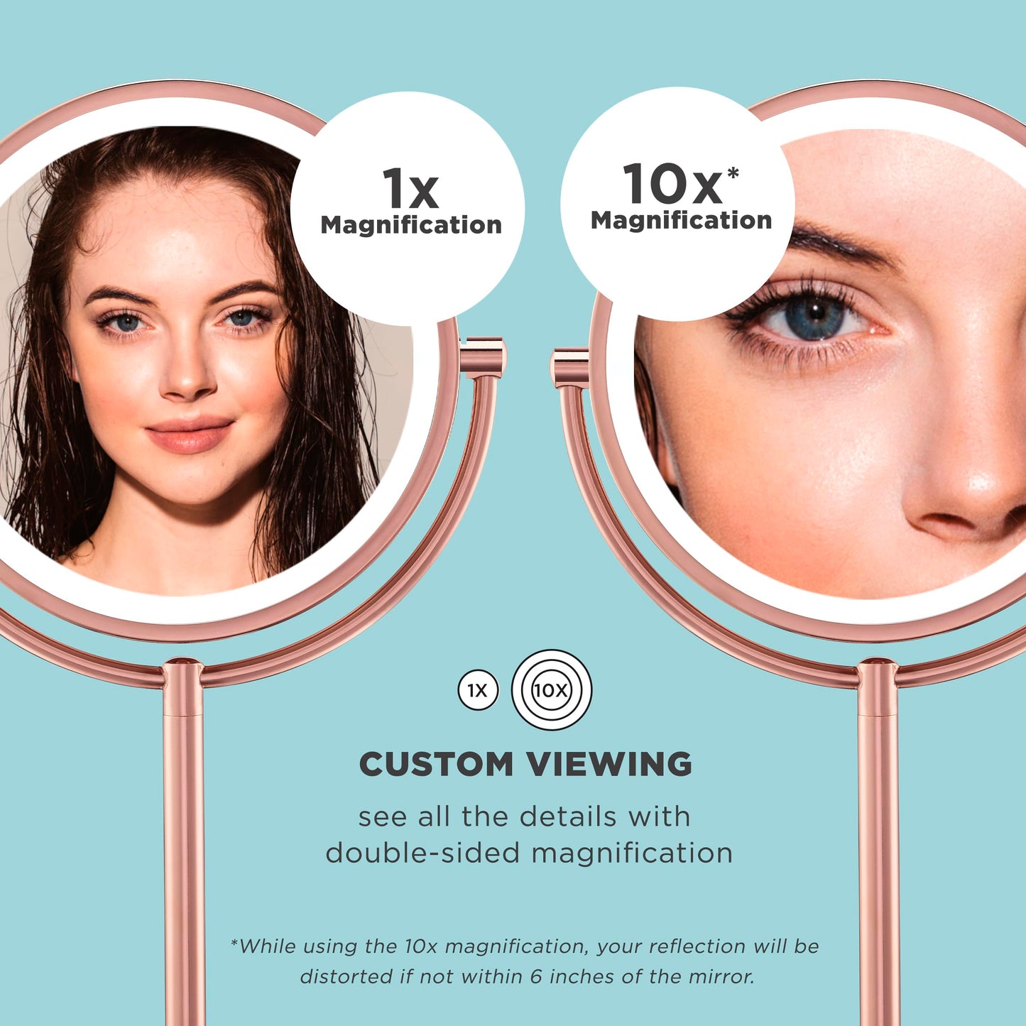 Conair Lighted Makeup Mirror, LED Vanity Mirror, 1X/10X Magnifying Mirror, Double Sided, Battery Operated in Rose Gold