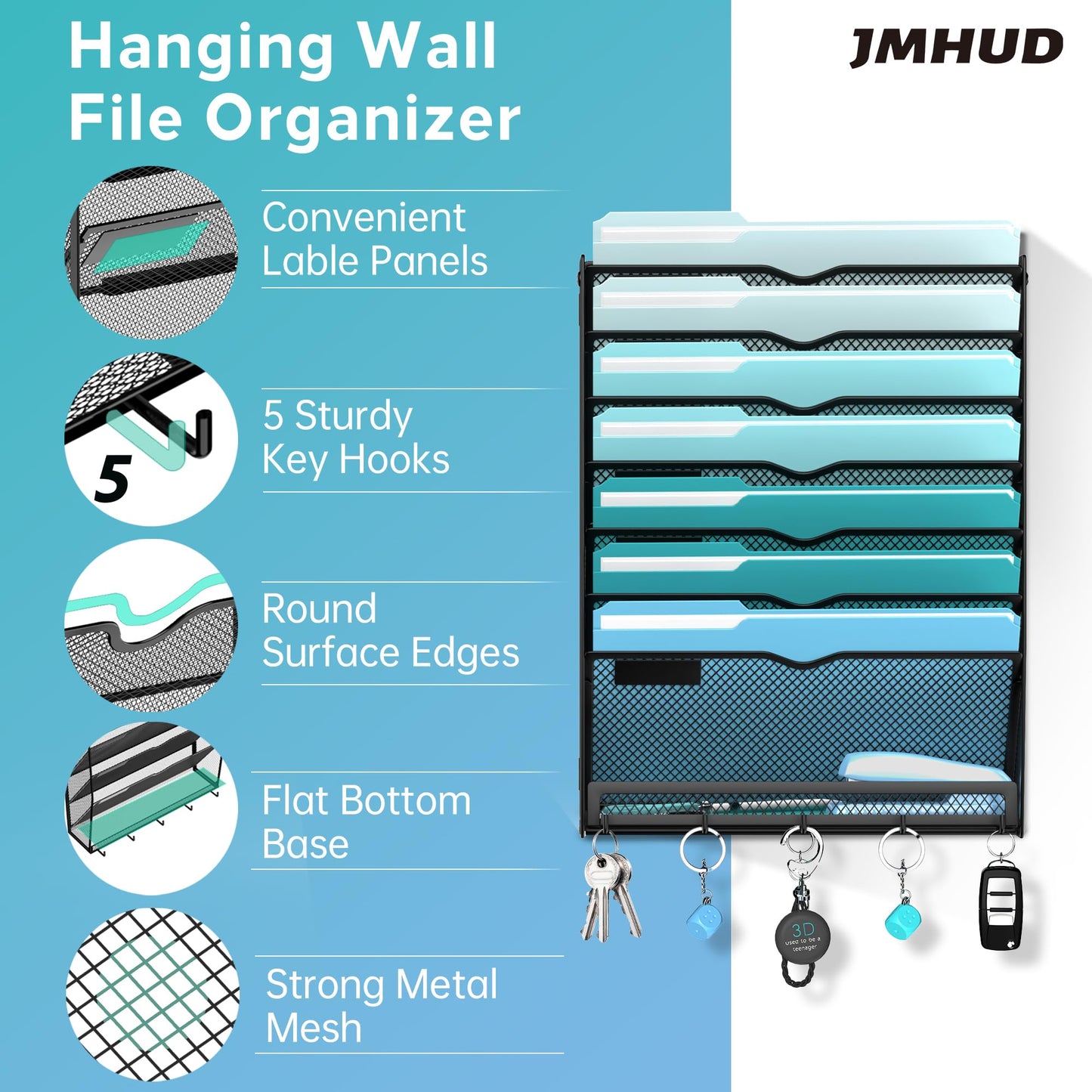 JMHUD 8-Tier Hanging Wall File Organizer with 5 Hooks, Mesh Wall File Holder Vertical Mount Mail Organizer for Papers, Folders, Magazines, Bills, Office and School, Black