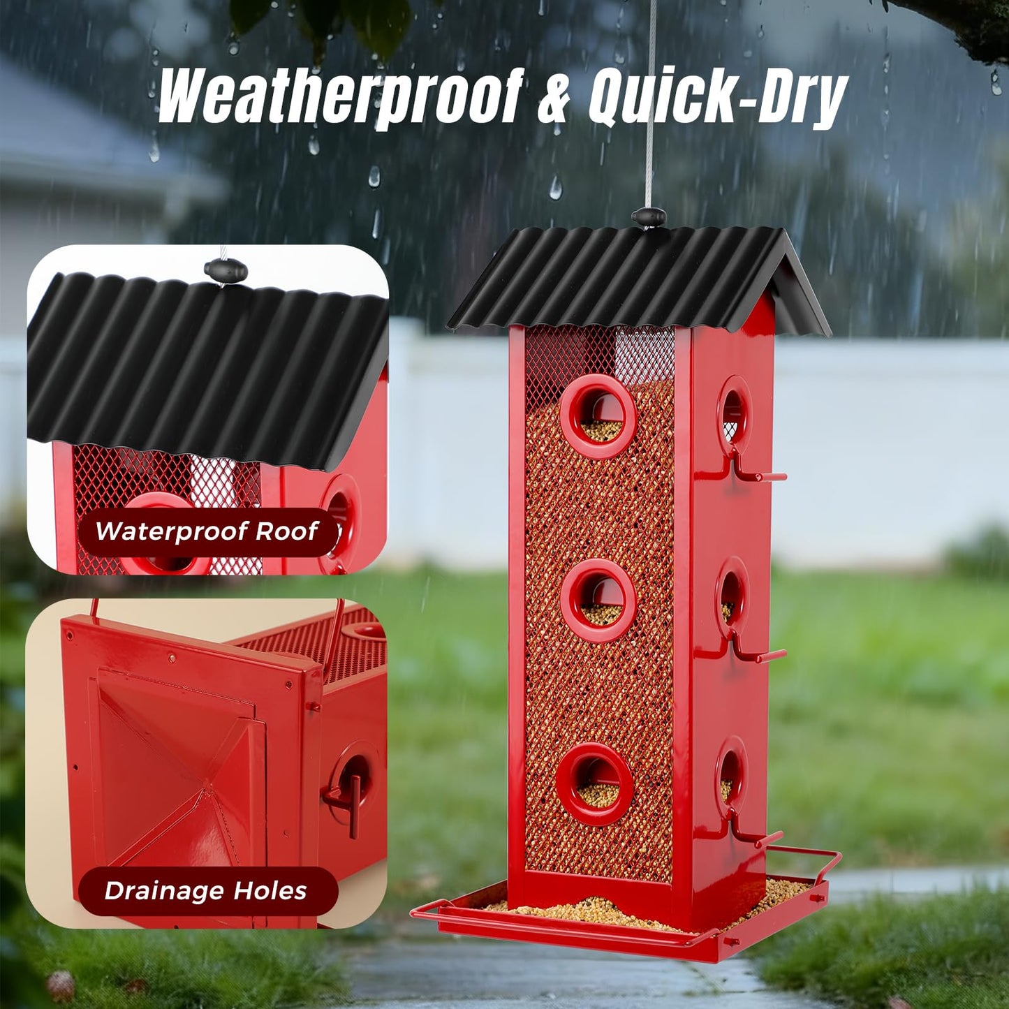 Shineforu All Metal Bird Feeder for Outdoors Hanging | 14-Port Multi-Bird Viewing | Rust-Proof, Waterproof & Easy-Clean | Attracts Cardinals, Finches, Chickadees & More (Elegant Red & Black)