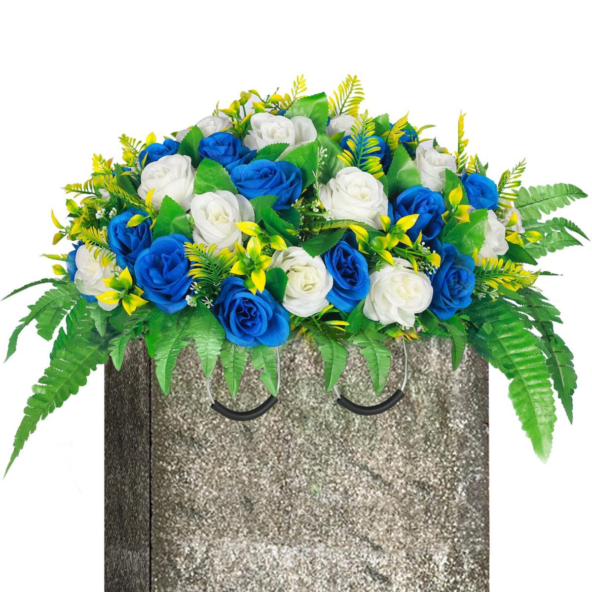 Lodou Artificial Cemetery Flowers, Silk Flower Arrangement,Artificial Rose Bouquet Grave Memorial Flowers with Headstone Saddle for Graveyard Headstones Decoration (1, Blue and White)