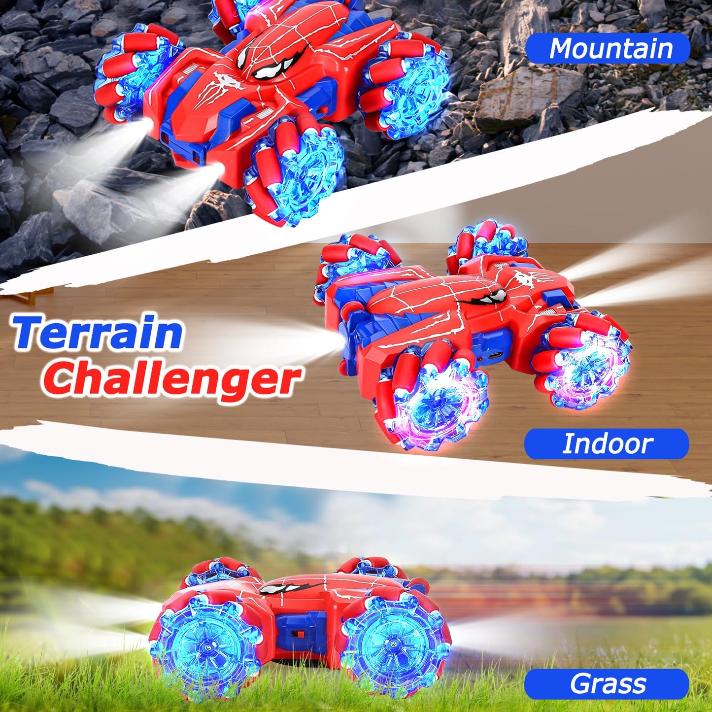 Spider Remote Control Cars for Kids, BoysToys RC Stunt Cars 360°Rotating 4WD Double Sided 2.4Ghz Remote Car with Cool Lights Rechargeable Gifts for Boy Age 3 4 5 6 7 8 9
