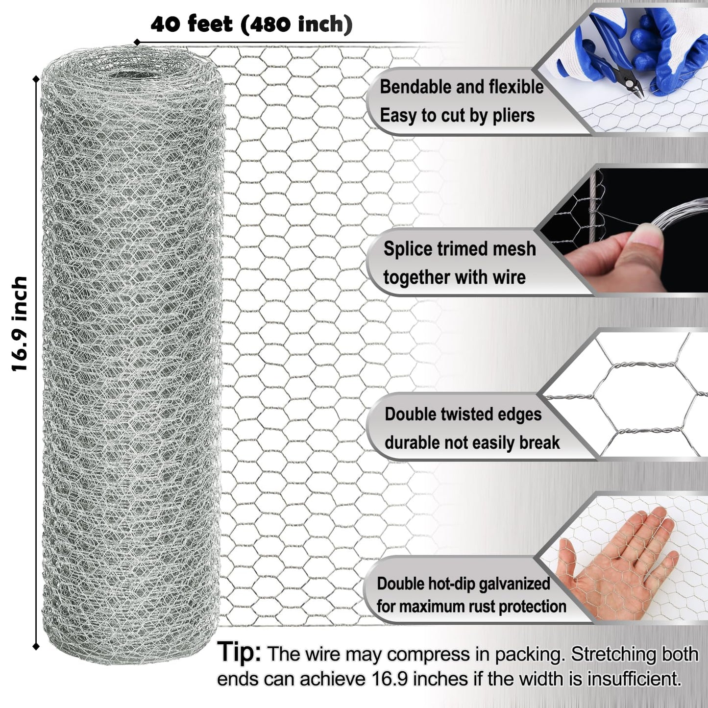 Chicken Wire Fencing Mesh, 16.9 Inch x 40 Feet Metal Floral Chicken Wire Fence for Crafts Poultry Garden, 0.6 Inch Hexagonal Galvanized Hardware Cloth Netting for Chicken Coop Barrier Rabbit Cage