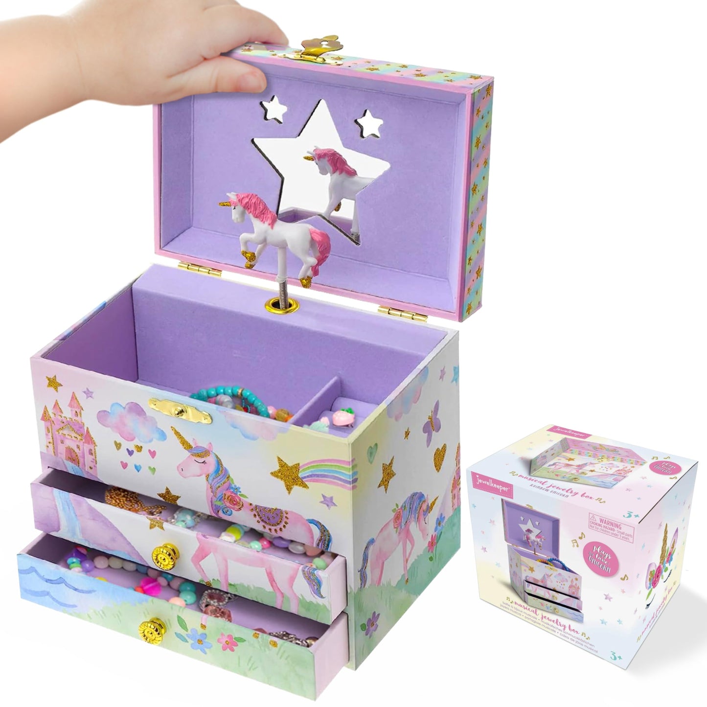 Jewelkeeper- Musical Jewelry Box with 2 Pullout Drawers, Glitter Rainbow and Stars Unicorn Design, The Unicorn Tune