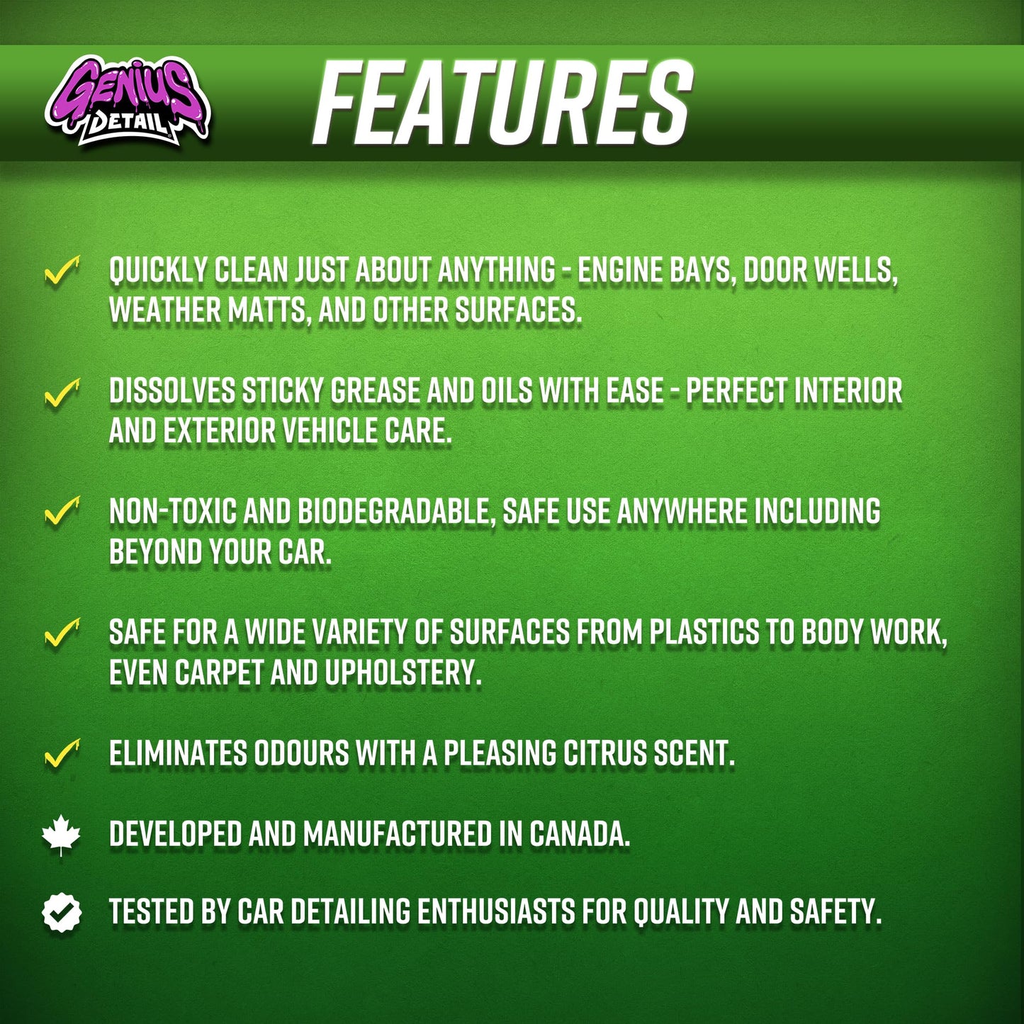 GENIUS DETAIL - All Purpose Cleaner, Multipurpose Cars/Trucks/Vehicles Cleaner, Safe on Any Surface, Stain/Odor Remover, Concentrated, Eco-Friendly, Non-Toxic, Citrus Scent - 128oz / 1 Gallon