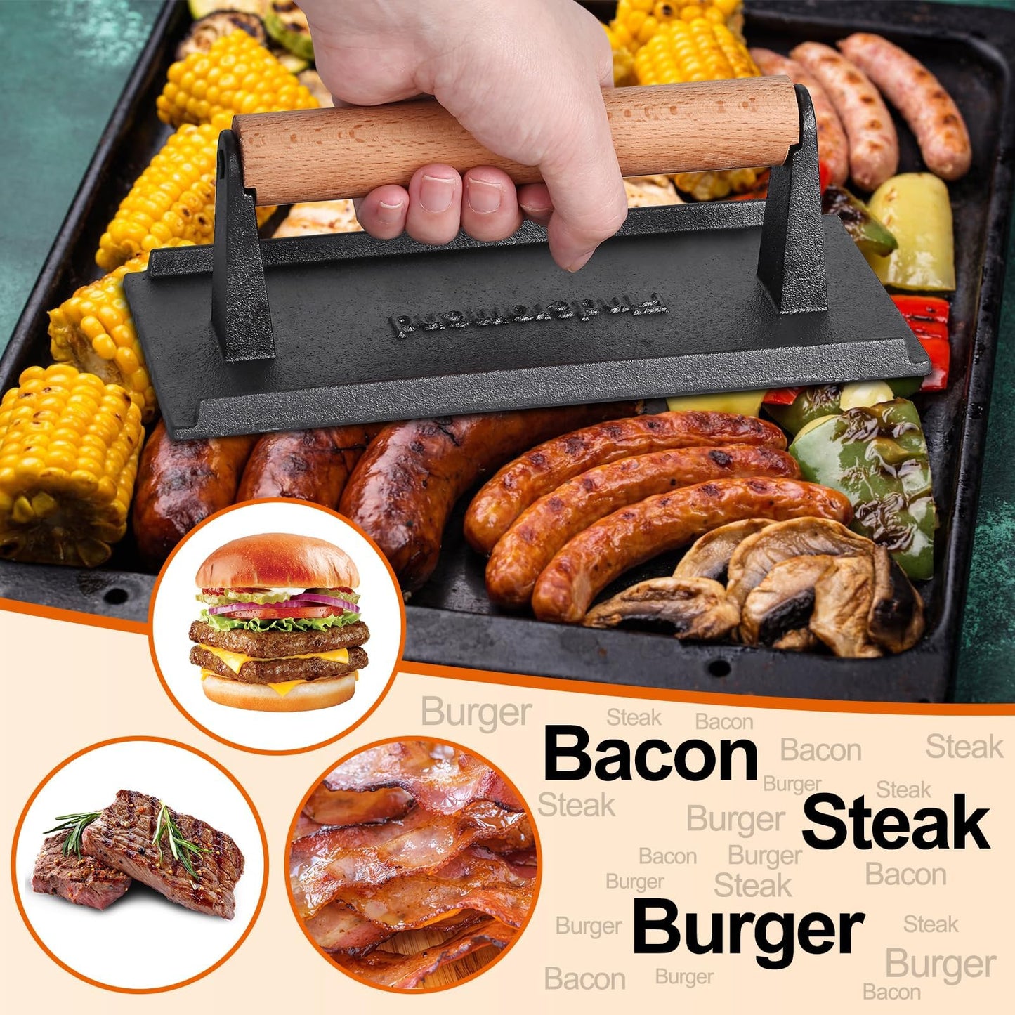 Finderomend 2 Pack Hamburger Press,Cast Iron Grill Press,Heavy Duty Smash Meat,Bacon,Steak & Burger Press with Wooden Handle (Round & Rectangular)